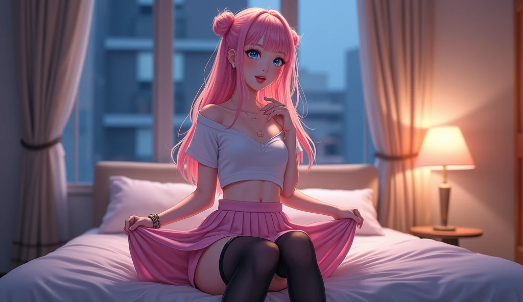 create an anime girl sitting cross-legged in pink and black underwear in a luxurious room 25 years old in a luxurious apartment