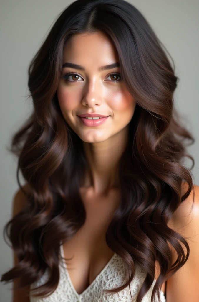 Brown woman, big hair, long hair, curly hair, naturalist, smile, elegant dress