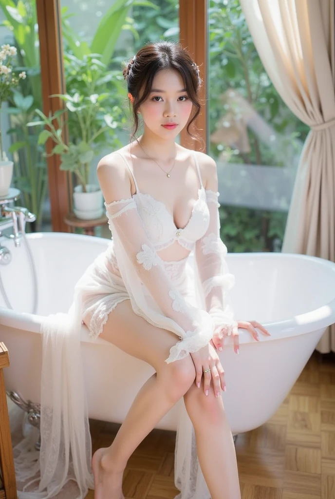 bride、A gorgeous, voluminous wedding dress、Super fat、Big Breasts、Big Ass、Super long straight black hair、Small private room、Sitting on the toilet