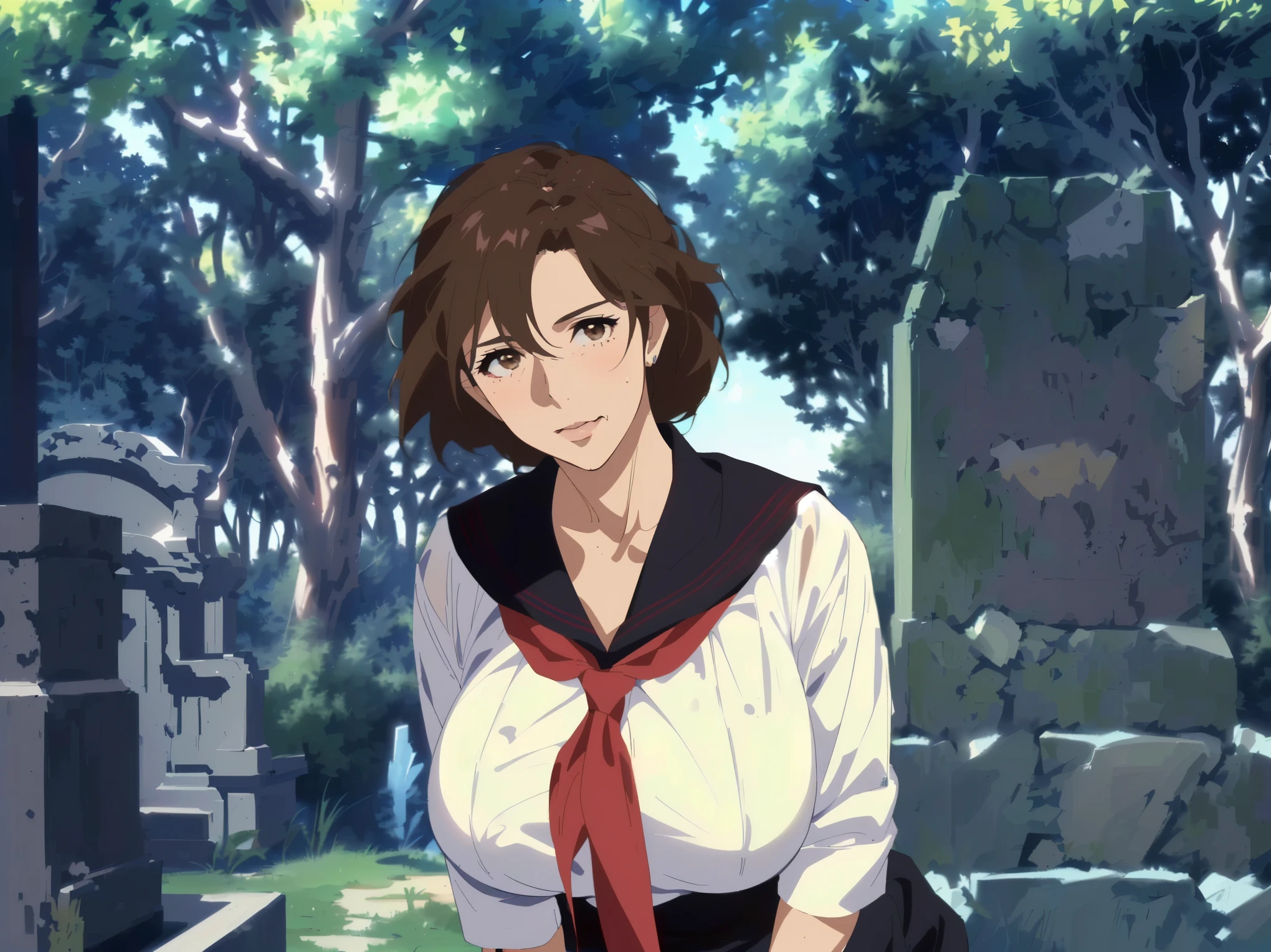 japanese graveyard anime scene in midsummer,(Extremely hot sunshine:1.3) best quality, bright、mature mom,, Quiet mature Mom , ((( Wrinkles Around His Eyes and Mouth :1.2)))、detailed face, brown hair, Mesh Bang Hairstyle, brown eyes, (Big Breasts), shy and embarrassed mature mom, (mature mom in tight and white sailor suit,See-through:1.3) ,(red scarf with black nose:1.4)、 realistic high school mature mom , female protagonist 👀 :8, Bewitching Anime mature mom , Makoto Shinkai ( Apex Legends ), Fine details, a hyper realistic high school mature mom , charming anime mature mom,