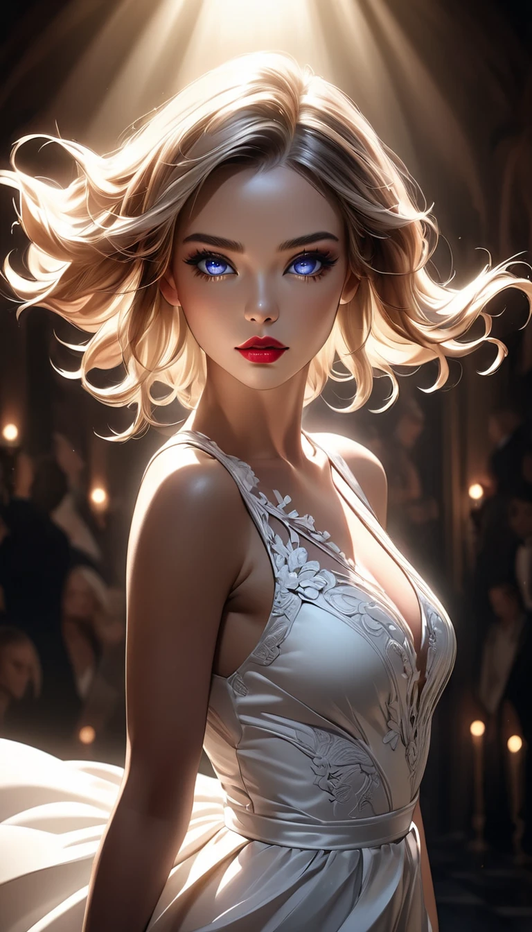 A woman in a see-through gown with Margot Robbie&#39;s face, highest quality, Very detailed, 1 girl,Redhead, Long braided hair, Golden Eyes, bangs, Naked Women,Very small pointed breasts, White bikini swimsuit, Looks lewd,, (bad: 1.2),Exposing breasts, Looking at the audience,Spread your legs, (Face to face: 1.3), (Dark Background, rock: 1.3), Full Shot, Crisp contrast, Beautiful fine details,,White panties,High heels,,,I can see your underwear,Sleeping in bed,art,Doing M-leg movements