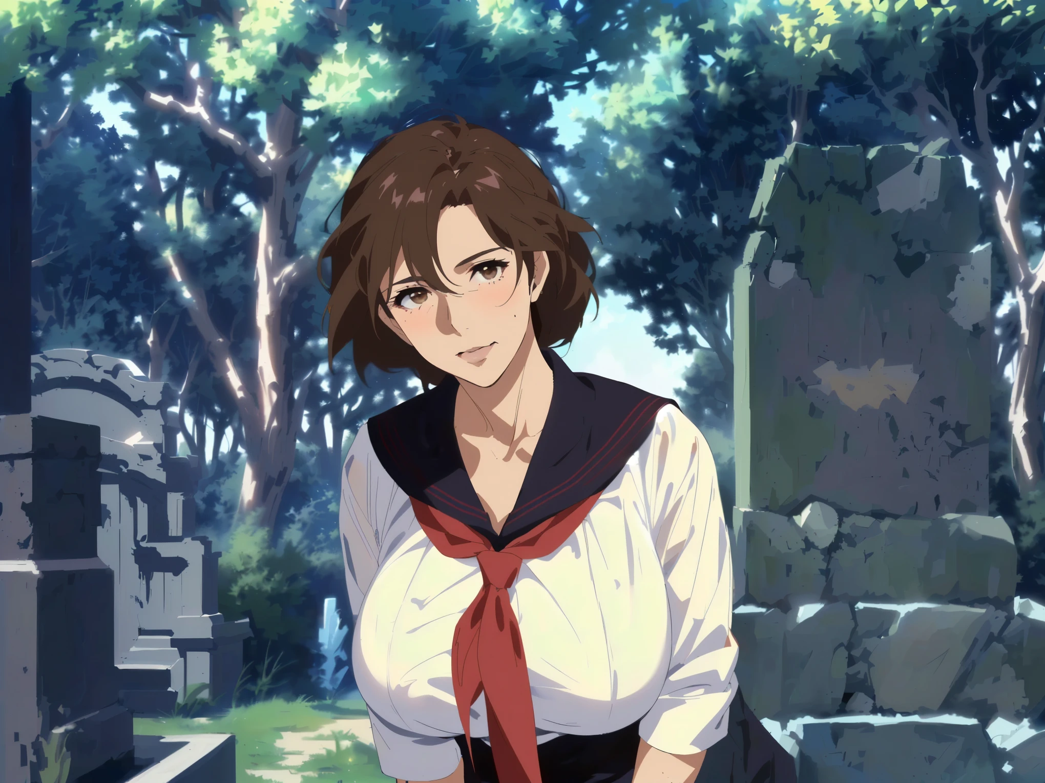 japanese graveyard anime scene in midsummer,(Extremely hot sunshine:1.3) best quality, bright、mature mom,, Quiet mature Mom , ((( Wrinkles Around His Eyes and Mouth :1.2)))、detailed face, brown hair, Mesh Bang Hairstyle, brown eyes, (Big Breasts), shy and embarrassed mature mom, (((mature mom in tight and white sailor suit,See-through:1.5))) ,(red scarf with black nose:1.4)、 realistic high school mature mom , female protagonist 👀 :8, Bewitching Anime mature mom , Makoto Shinkai ( Apex Legends ), Fine details, a hyper realistic high school mature mom , charming anime mature mom,