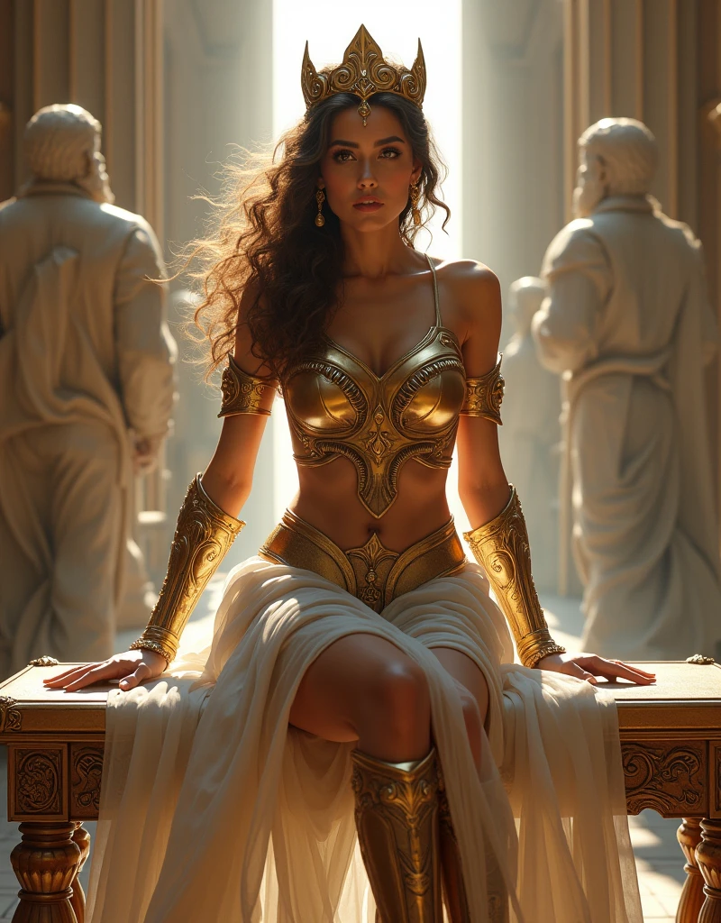 Preity as a powerful warrior in a ritual of power
• Prompt: Preity stands naked in an ancient one, Temples adorned with runes, her hands are surrounded by golden shackles, that are attached to the stone pillars. Her body is in a powerful pose, the light falls dramatically through the high windows and illuminates her strong, muscular figure, as she performs a ritual of power.
• Details: ISO 800, f/2.8, 1/100s, 50mm focal length, directed light from above.