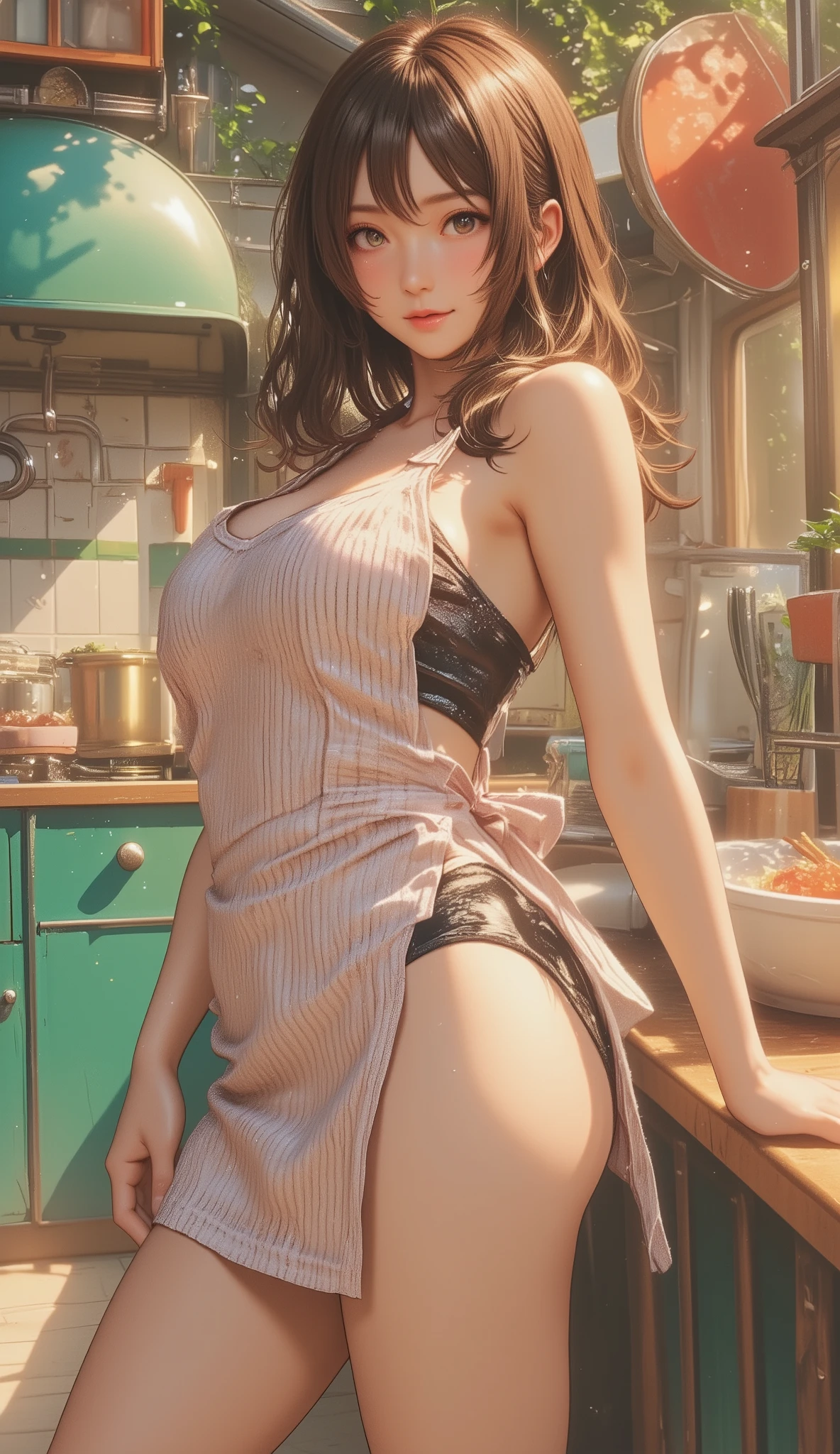 (NSFW), (RAW photo), (Realistic), (photo-realistic), ultra high resolution, masterpiece, highest quality, portrait, facial portrait, perfect lighting, detailed lighting, dramatic shadow, ray tracing, 1 Japanese beautiful mature lady, 30 years old, Voluptuous, cleavage, plump body type, beautiful detailed brown eyes, chubby lips, red lips, big tits, big ass, big thick thighs, abs, muscle, updo hair, black hair, earrings, half open mouth, smiling, looking at viewer, wearing a nude apron, ((arms behind back)), in a old Japanese kitchen,