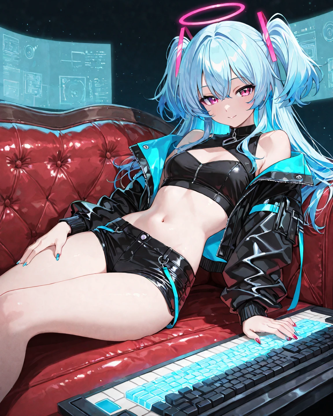 1girl, sitting in a gamer chair, legs crossed, cat ear headphones, blue hair, large breasts, sexy, highly detailed, extremely detailed, photorealistic, 8k, RAW, unreal engine, award winning, trending on artstation, sharp focus, ultra realistic, HDR, volumetric lighting, physically based rendering, cinematic lighting, intricate details, hyper realistic, studio quality, professional photography, flawless skin, intricate features, dynamic pose, dramatic lighting, vibrant colors