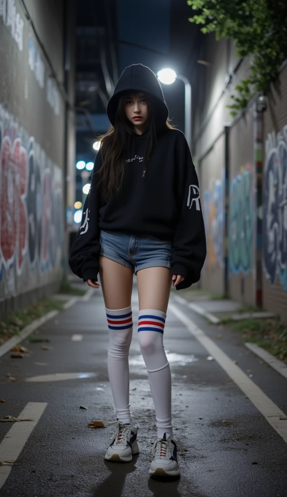 source_anime, 1girl, solo,
osagechan-default, osage \(nukunuku nigirimeshi\), grey eyes, black hair, low twintails, grey hoodie, oversized clothes, black thighhighs, sneakers, urban, graffiti, waiting, crossed legs, leaning back,
