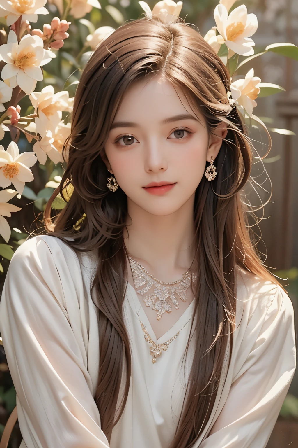(detailed oil painting of a beautiful woman), rough touch, (small smile with calm, kind and bright expression), ((silver grey brown almost straight medium long hair!)), ((close up)), shiny skin, glossy lips, ((casual pastel spring outfit)), (spring sweater), (smart figure), small necklace, soft spring sunlight, small spring flowers of various colors, young leaves on the tree, striking portrait, use of contour, clean line drawing, fine and intricate details, bright primary colors used partially as accents, fine and intricate details, (Alphonse Mucha composition style), muted colors, impressionist style, Art Nouveau frame, stress-free mixed media masterpiece,