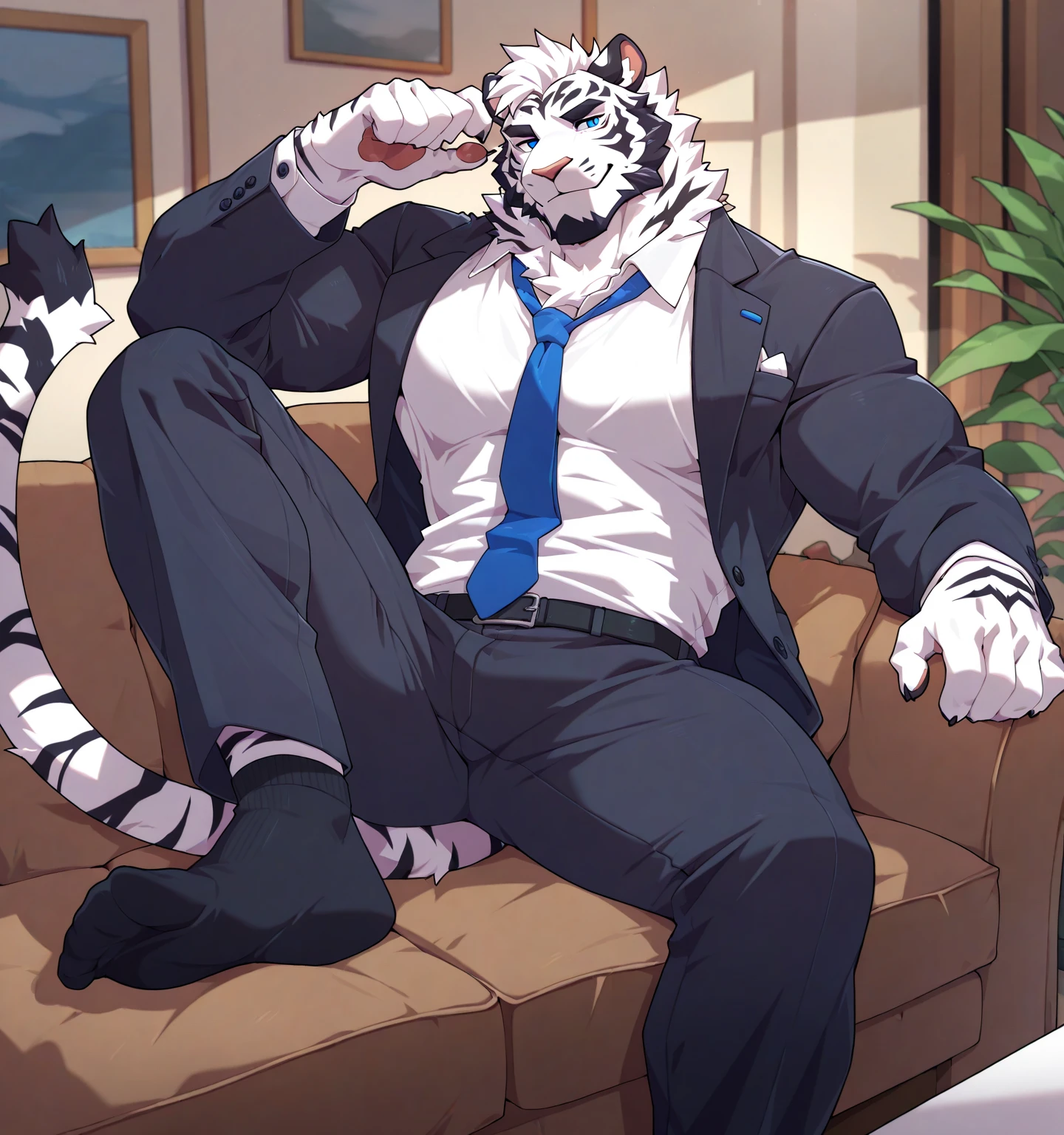 {{bara extremely handsome white tiger,}} {{white fur,}} white, wearing military like purple trench coat, purple trousers, white dress shirt and necktie, white fluffy furry body and limbs, loafers, very tall, very broad shoulders, narrow waist, muscular arms, massive pecs, purple eyes, very long legs, sitting on swivel chair with legs spread, from below perspective, massive bulge, sophisticated hot look, sexy pose, full body, sunlight casting over, 3/4 view, best quality, high quality, silver earring on left ear, sultry smirk