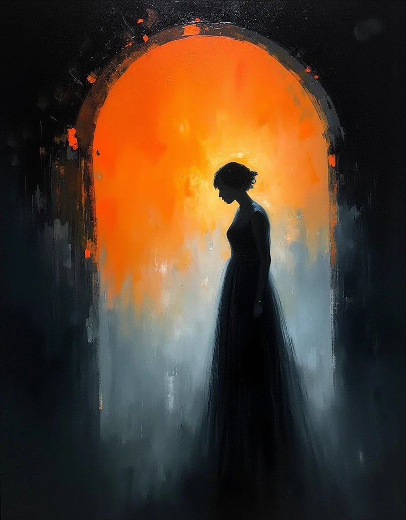 Oil painting. Abstract painting. The silhouette of a woman stands in front of a glowing orange portal in the darkness. She wears a long black dress, and her short hair floats dimly in the light behind her. The painting has a fantastic, dreamlike atmosphere, with the texture of an oil painting painted with soft brushstrokes. The background is composed of deep shadows, creating a striking contrast between light and darkness. The mysterious and surreal atmosphere evokes a sense of wonder in the viewer.  