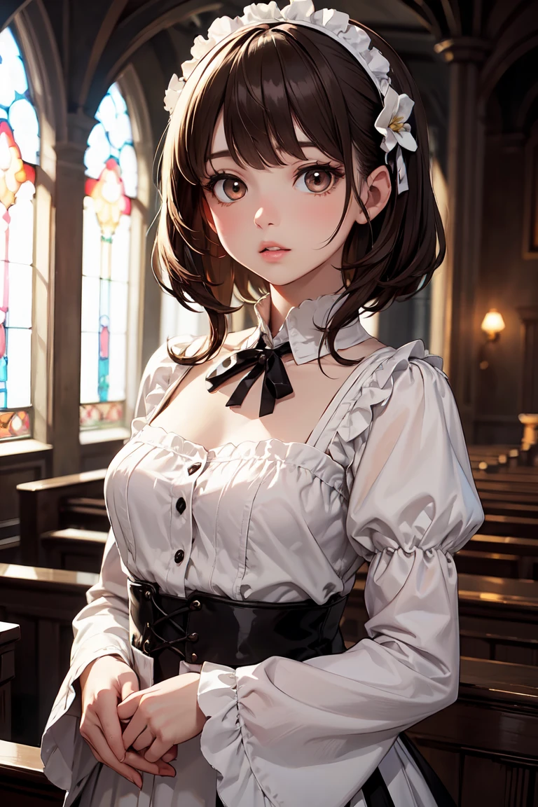 Beautiful black hair woman is shown to have a sexy figure. She is wearing a beautiful detailed wedding dress , jewelry, holding a bouquet of flowers, she has purple eyes, Girl standing in a church aisle, sexy session, front facing viewer, cowboy shot, superior quality, many details, realistic