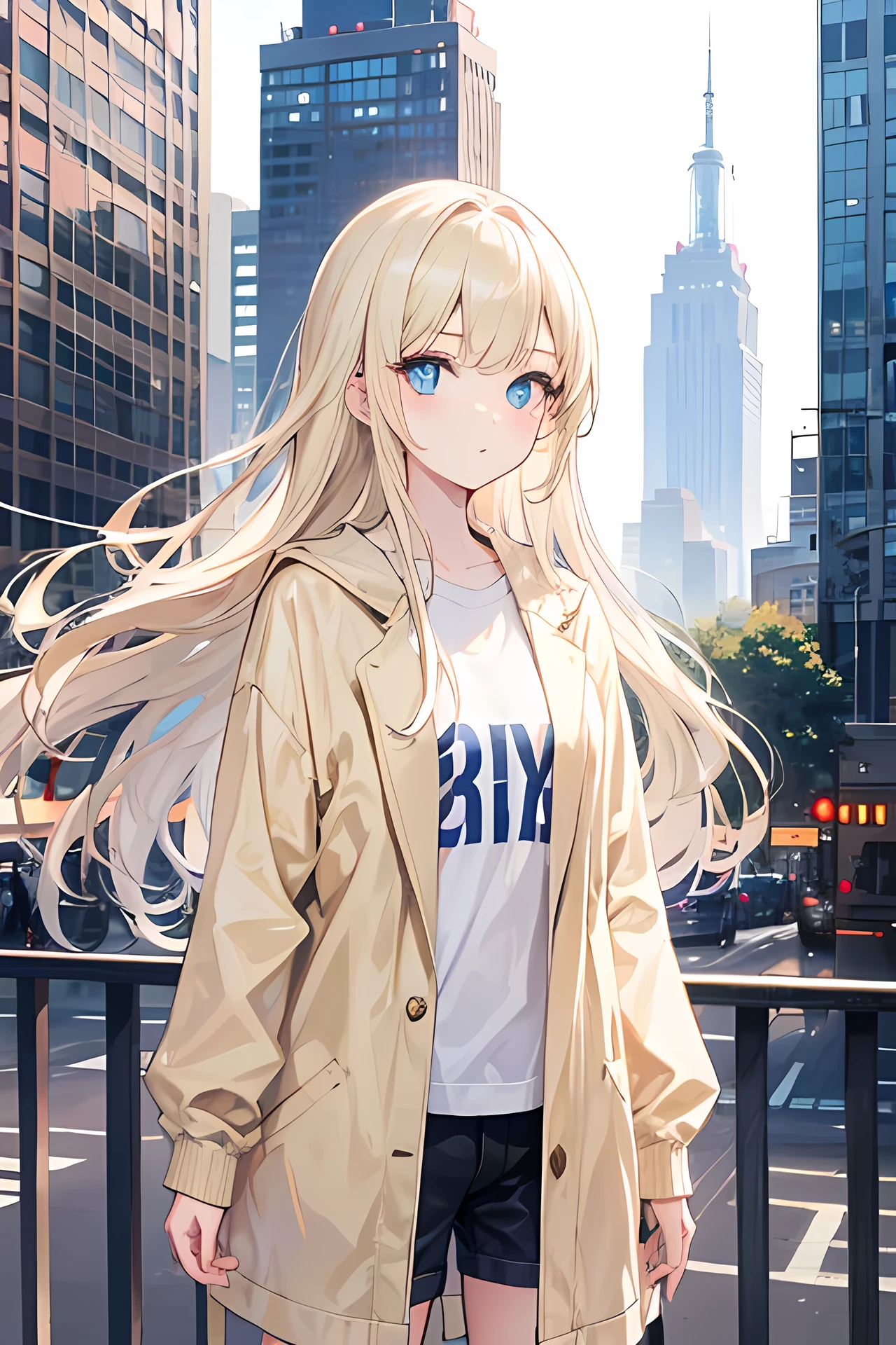 (T Masterpiece、Extremely high quality、high resolution、Best Quality)、((woman、woman、Years on、Solo))、Blonde、Light-colored eyes、Wearing a jacket over a tank top、Hands in pockets、Cheerful。