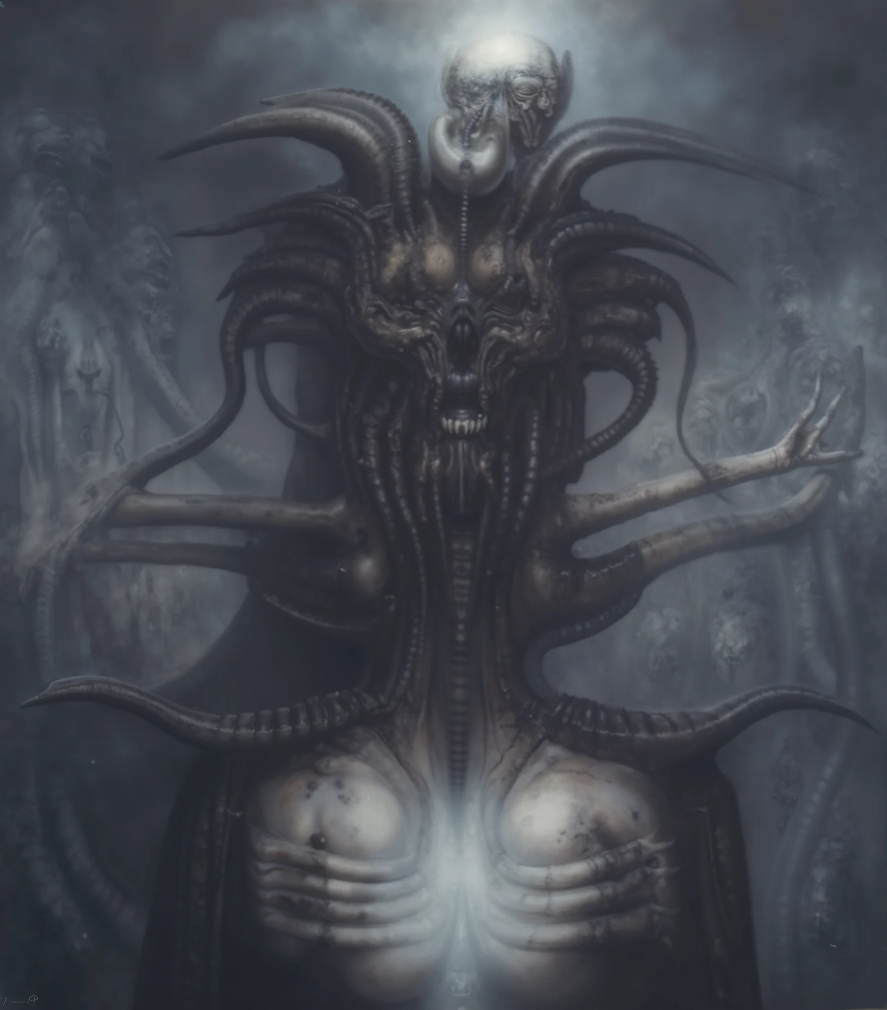 Please reproduce the original image as accurately as possible, capturing the intricate details of the biomechanical structures, the dramatic lighting, and the overall sense of unease. Find and enhance depiction of Giger's demons and creatures.(best quality:1.4). Use DARK BLACK COLORS.The final image should evoke the same sense of awe and dread as the original artwork by H.R. Giger,, (best quality:1.4), H.R. GIGER, BY GIGER, a mural depicting a antient dark god with dark powers connected to death and darkness, tendrils stretch from there fingertips, monsters lay at there feet, it is the mother of monsters, she feeds the monsters via tentacles on her fingertips, mother of all monsters, codex, her eyes shine, golden details, she feeds monsters, symmetrical, perfect, evil, darkness,