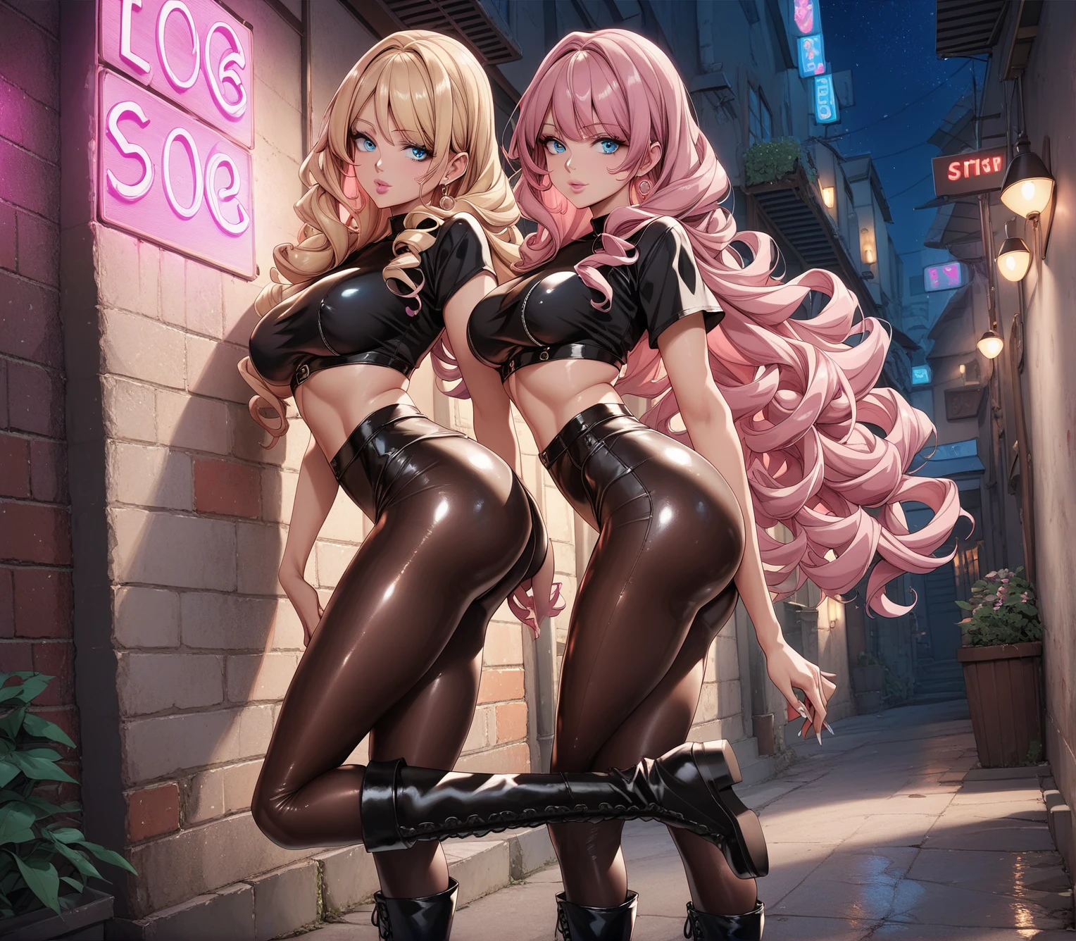 ((2 girls), solo, clevage, Big round perky breasts, lots of clevage, trendy, stylish, clevage, thighs, hips, realistic, pink hair, blonde hair, light green eyes, lip gloss, detailed face, amazing big eyes, eye details, big lips, eyebrow details, blush, naughty, mischevious face, HD, good quality, latex, tits