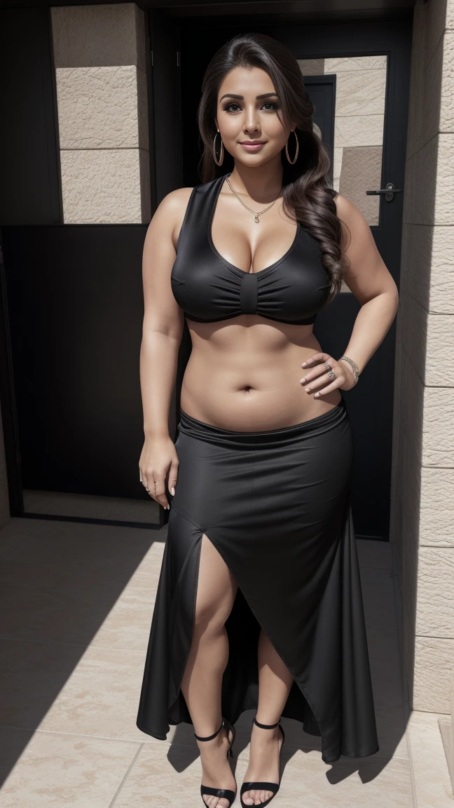 50yo mature MILF Aishwarya Rai as SUPER MODEL, wearing black plain satin saree with noodle strap blouse, belly and navel showing, ponytail hair, mature athletic curvaceous milf body, ((posing in sand beach)), hourglass milf figure, medium breasts, (((seductive expression))) on her face, look straight at camera and ((wink)), soft volumetric lights, intricate details, (ArtStation:1.2)