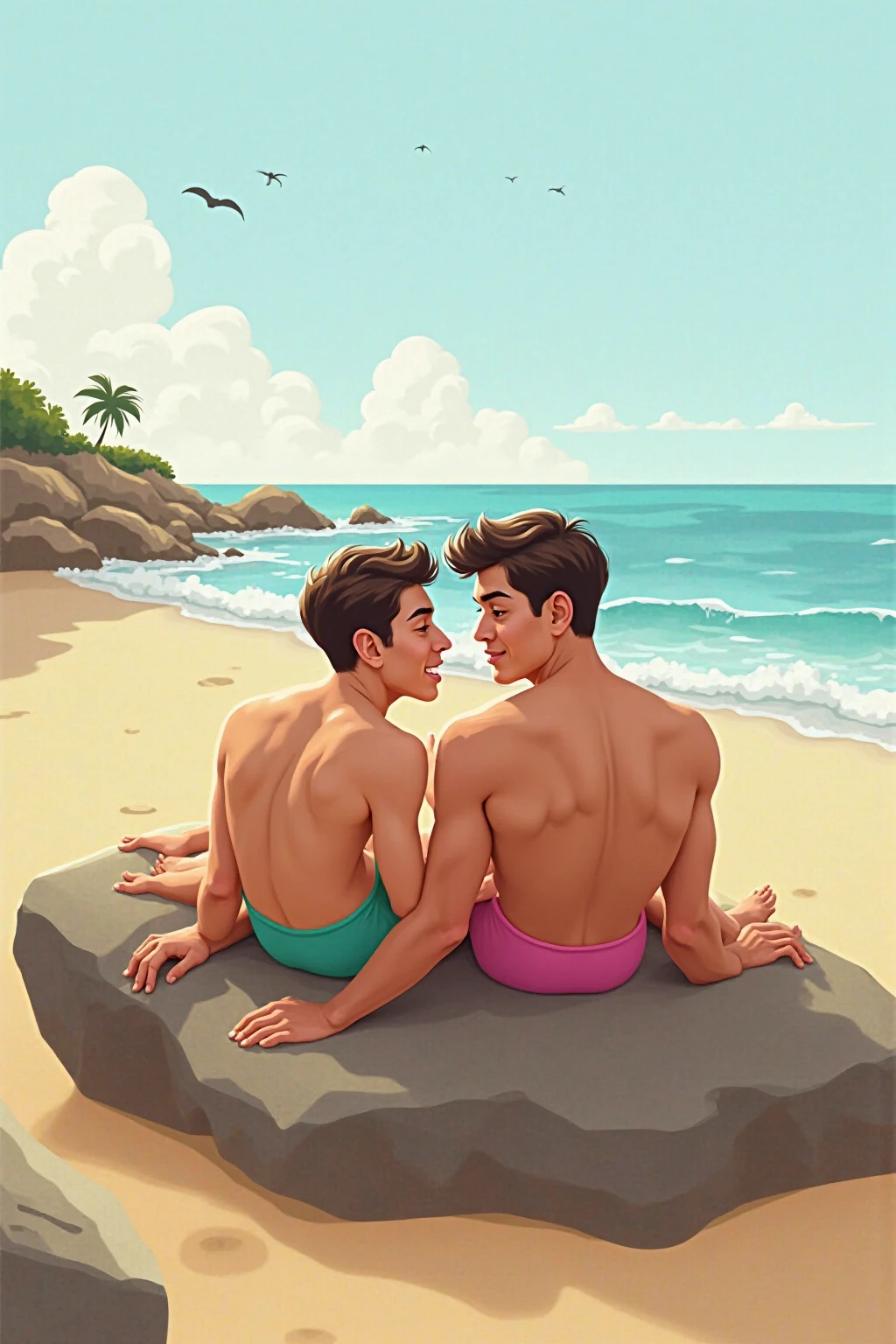 A muscular white man with blue eyes with his dark-haired boyfriend on the beach