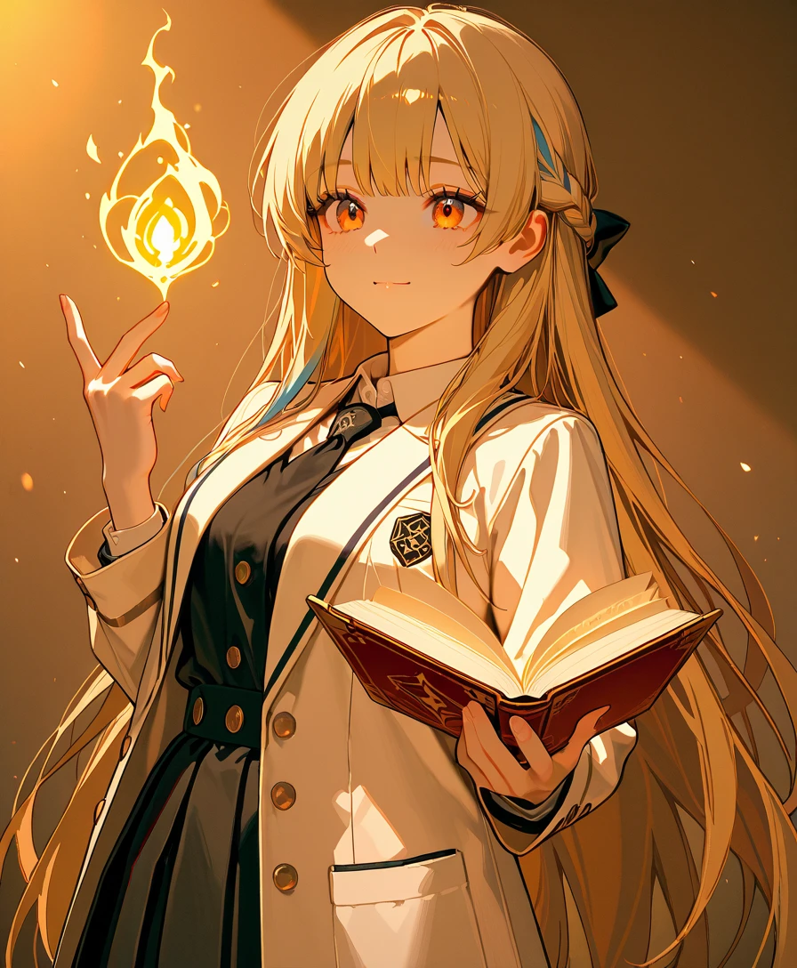 1Girl, golden hair, sharp red eyes but closed 1 eyes, blush, harm smile, wearing high school girl clothes, sitting while playing music tools, make it like tarot anime-style but no frame