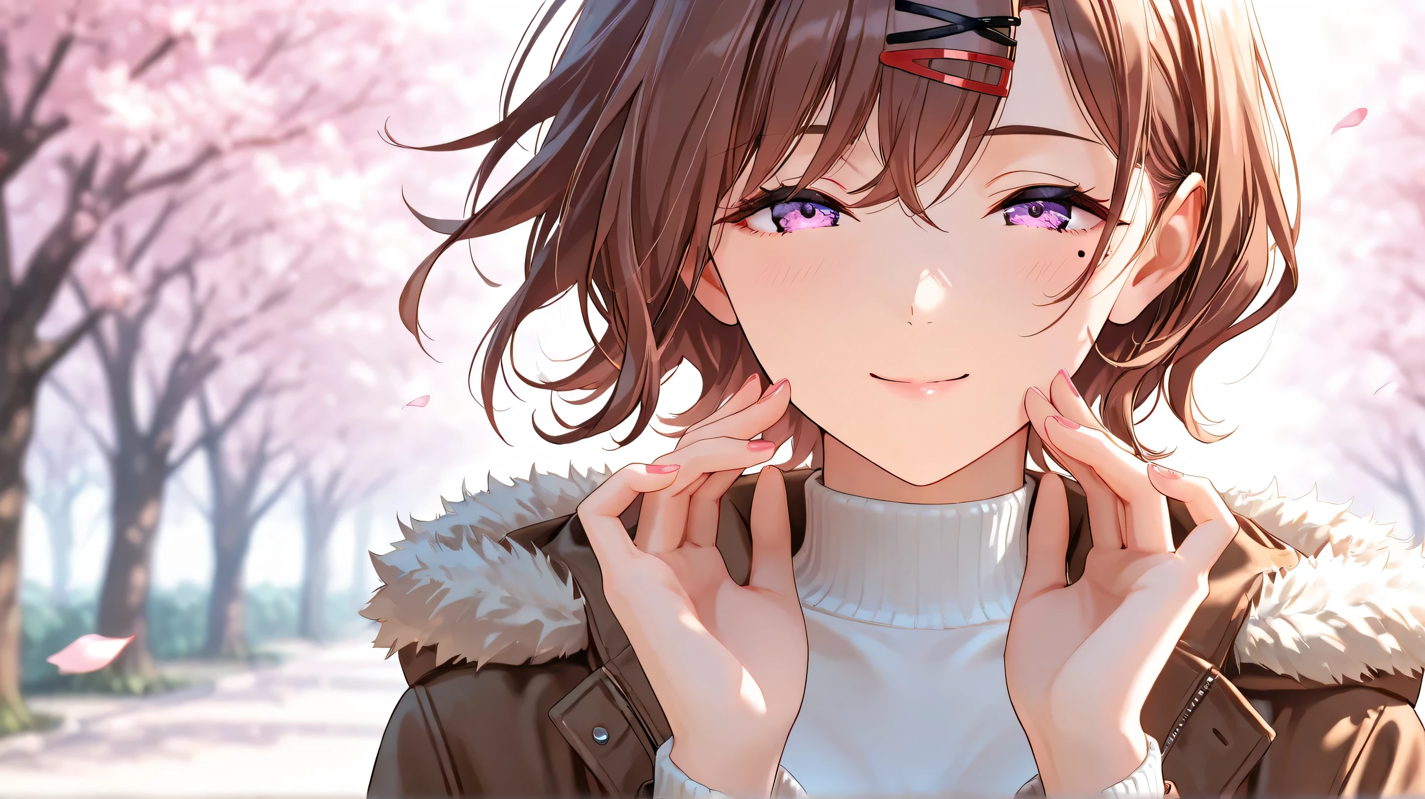 insanely detailed,
She is beautiful,
sharp focus, clear lines, crisp edges, sharp focus on eyes and facial details,
Crisp details, refined lines, rich colors, harmonized tones.
clear eyes(1.3), beautiful eyes, detailed irises, gentle shading, detailed eyes, calm and composed gaze, light reflections,
tousled hair(1.5), delicate strands, silky smooth, floating hair,
fair skin, soft pink lips,
alluring mystique, intense presence, stunning clarity,
delicate yet undeniable strength, ethereal beauty, quiet confidence,
innocent yet captivating, pure aura, like a spring breeze—fragile, yet unyielding.
higuchi_madoka, mole under eye, mole, short hair, hairclip, nail polish, hair ornament, purple eyes bag, sweater, brown hair, jacket, messy short hair, fur trim, brown jacket, turtleneck, fur-trimmed jacket, open clothes, :o, open jacket, pantyhose, casualoutfit,
Masterpiece, best quality, ultra-detailed, 8k resolution,
perfect anatomy(1.3), correct generation of hands(1.3), 4fingers and 1thumbs(1.3), visible hands in a natural pose(1.3), both hands clearly visible(1.3), nice hands(1.3), perfect hand(1.3), fingernail(1.3),
1girl(1.7), solo(1.7),
cinematic lighting,
Cherry blossom petals dancing in the wind,
white background, city background, blurry background, Outdoors,
ideal for a foreign movie or fashion magazine shoot.
2D anime style(1.7),
light smile, Cheerful, bright expression, enjoying smile, happy smile,
[closed eyes: (narrowed eyes:1.1),
face shot, from front, cinematic angle
looking at viewer, profile
highly detailed face, refined body, flawless skin.