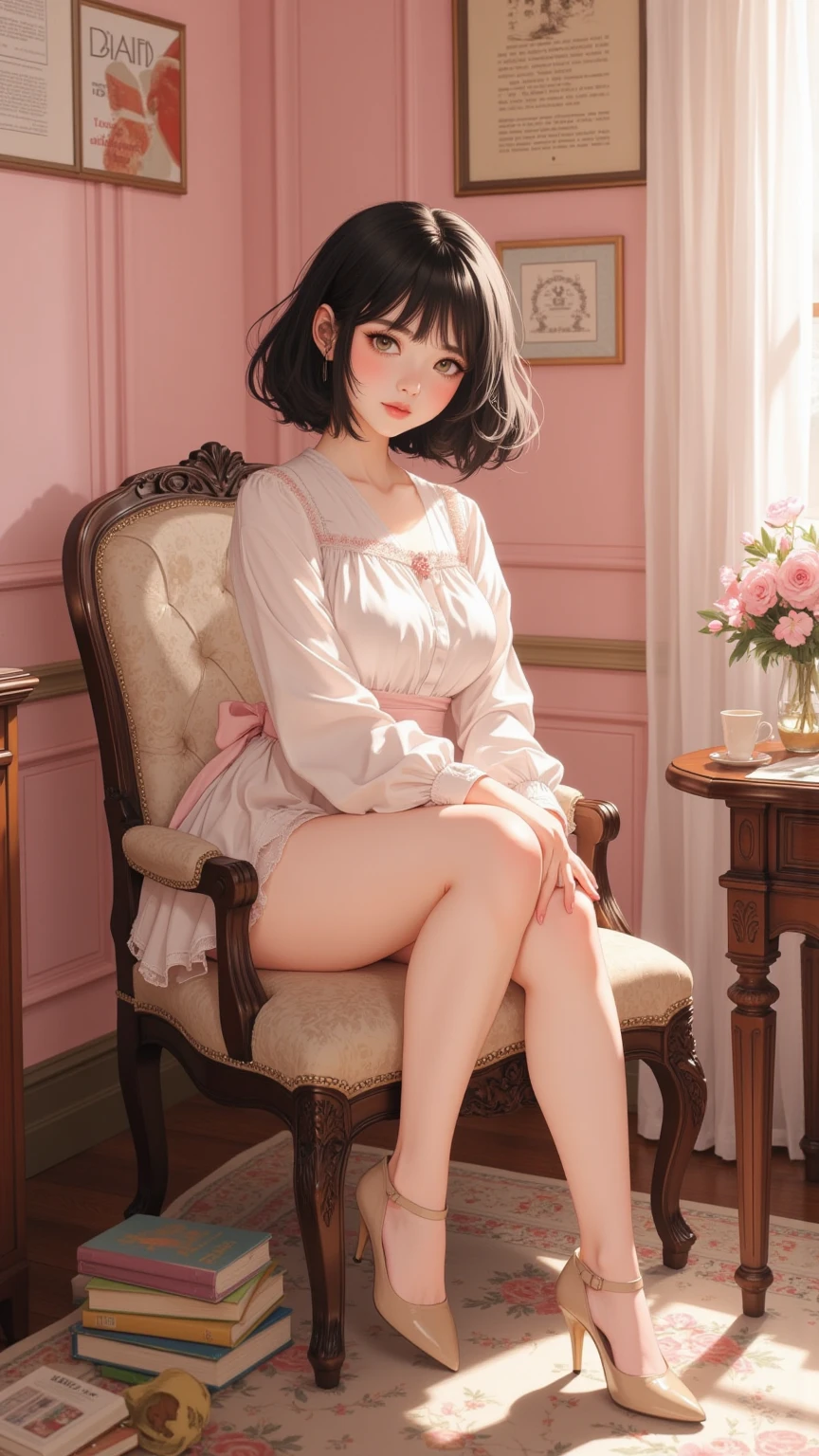 A beautiful character with small round transparent glasses, well made-up with red lipstick, brown eyes, short curly black hair, earrings, a necklace, a pink lace outfit, high heels, sitting in a. A flowery square chair in a beautiful place with an ice cream in your hands