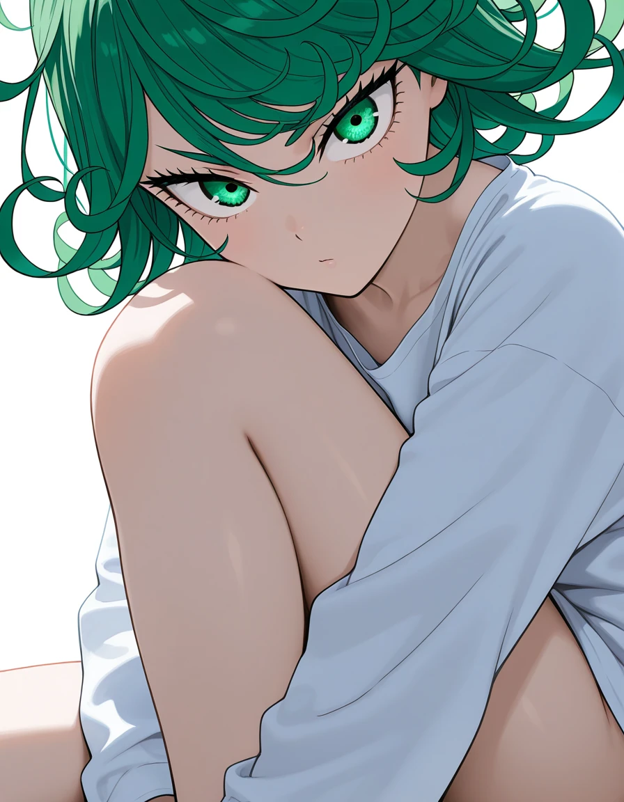 [artist: murata yuusuke], anime screencap, master piece, detailed eyes, eye focus, solo,looking at viewer, eyelashes, tatsumaki(one-punch man), bottomless, oversized shirt, cute expression, green hair, short hair, wavy hair, small stature, floating hair, looking at viewer, long sleeves, sitting, soft lighting, white background
