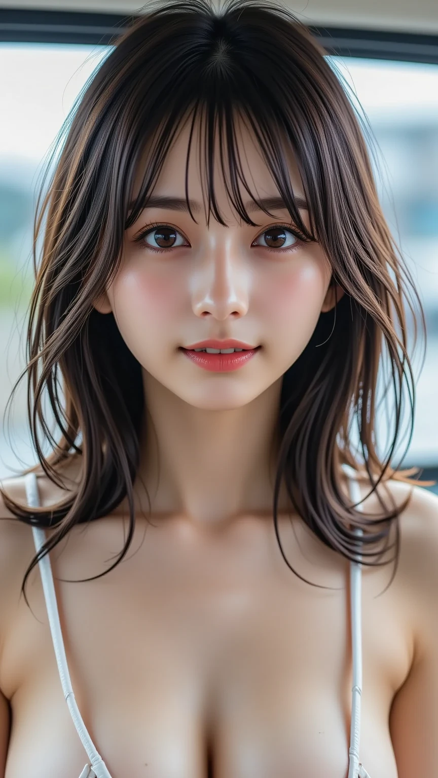 ((巨作、1 beautiful girl、Detailed eye、Shorthair with bangs、neck long、Put your ears out))、big eye、Distinct double eyelids、((最好质量, ultra-high-resolution、gazing at the camera、Light brown eyes、Clean collarbone、glowy skin、Straighten your back)), (Realisticity: 1.4), OriginalPhotographs, 1girl in,Cinema tick writing、japanes、Asian Beauty、Korea person、Super beauty、Beautiful skin、(((extremely large bosom、A slender、The body is facing forward、lipgloss、smiling slightly、Smiling happily)))、(ultra realisitic)、(A high resolution)、(8K picture quality)、(Very Details)、(Best Illustration)、(beautifully detailed eyes)、(ultra hyper-detailed)、detailed faces、lookig at viewer、Facing Straight Ahead、neat and clean clothes、sleevless、short-hair、black har、46-point diagonal bangs、Background is really nothing but pure white background、neat atmosphere、