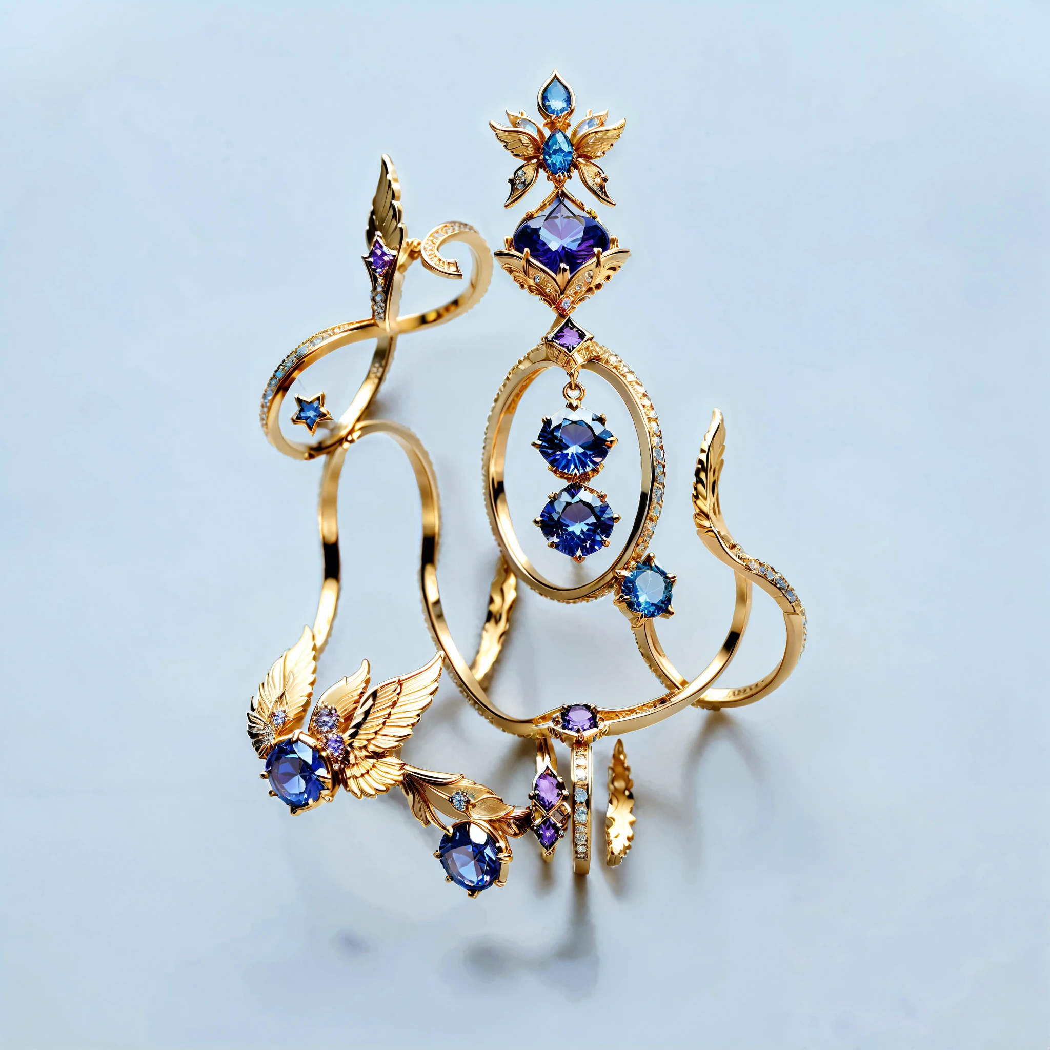 masterpiece, top quality combat bed,(Only rings),Beautiful ring, super detailed,(no one),Phoenix ring set with,starry sky,Wrap it from beginning to end ,Delicate gold ring ,戒指里的starry sky,luster,Invert image,sparkling blue-violet gemstones,Elegant and noble,simple background (( white background ))