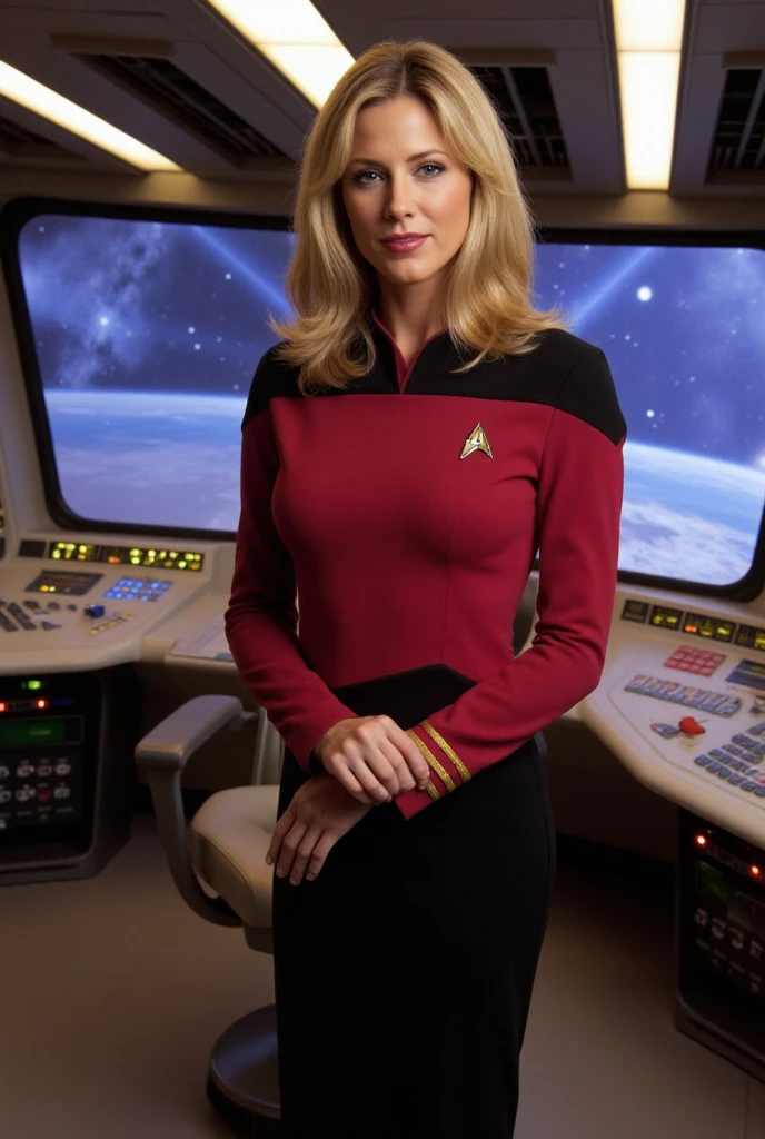 photorealistic woman, age 30, nordic, blond wavy hair, athletic, dressed as star trek captain, sit in command chair inn a spaceship,raw photo, cinematic material