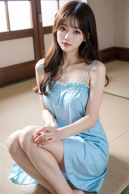 arafed asian girl in a blue dress sitting on a bed, young pretty gravure idol, young skinny gravure idol, young sensual gravure idol, young gravure idol, cute young girl, girl cute-fine-face, young and cute girl, japanese model, realistic young gravure idol, loli in dress, chiho, of a youthful japanese girl