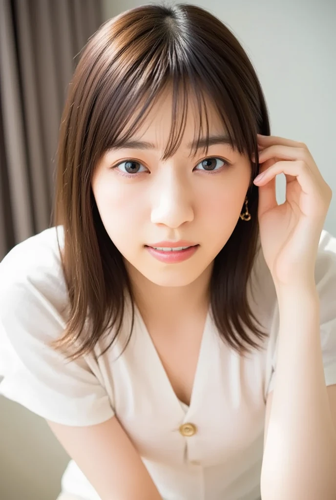 ((Eyes light up、Blushing、Both hands are in front of the belly button、A photo of panties visible through a short polo shirt、Roll up your shirt with your hands、She is wearing a white polo shirt and luxurious white panties.、:1.4))、In the living room、Length Cream Hair Color、Her huge breasts are obvious even through her clothes...、Small earrings、Light brown hair color、:1.4))、Shiny Hair、Light beige hair color、Background Blur、Light brown hair、{{Cowgirl Shot}}、((Close-up shot from the waist up、Big Breasts:1.4))、Big Breasts、にっこりsmile、服からでも分かるBig Breasts、Cowboy Shot、素敵なsmile、((Revealing clothing))、Full body photo、ring、Tuck your hair behind one ear、Silver Necklace、smile、Caustics、Highly detailed photos、Big Breasts、Super no makeup、(8K、RAW Photos、Highest quality、masterpiece:1.2)、(Realistic、Realistic)、1 Girl、((Big Breastsショートヘア、Looking into the camera:1.4))、Hair blowing in the wind