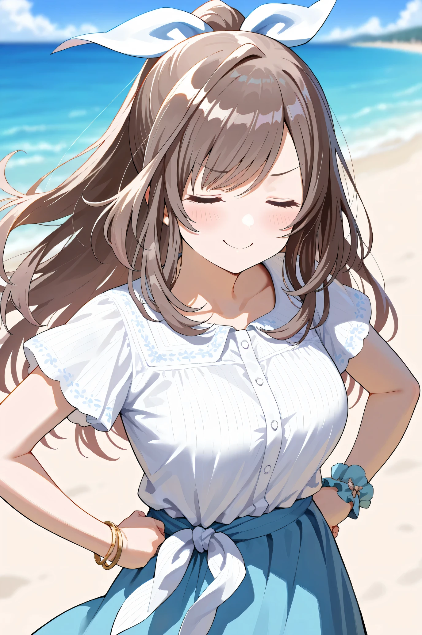 (Masterpiece:1.2), (Highest quality:1.1),
(Very detailed), (The best shape), (Best shadow), (Absurd), (Detailed Background), (So beautiful),
Shiny, Extraordinary, Countershading, 8k, 32K,
High resolution, Very Detailed CG, UHD,
Score_9, Score_8_up, Score_7_up, Source_anime,
(Pastel painting:1.2), (Watercolor painting:1.2),
(Masterpiece, Detailed:1.2), (Foreshortening:1.2),
Cinematic, Dramatic, (Depth of field:1.4),
(Blurry background:1.4), (Realistic background:1.4),
1 girl, Solo, Dynamic angle,
Outdoors, (Coast:1.2), Beach, Wind, (Blue sky:0.8),
Tsukioka Kogane,
the idolmaster shiny colors,
(Brown hair:1.1), Ponytail,
Hair ribbon, Light blue hair ribbon,
(Casual wear:1.3),
(Linen color shirt:1.4), Ruffled cuffs, (Shirt hem:1.2),
(Shirt with tied ends:1.3), short sleeves shirt,
Skirt, Blue skirt, (Gradient skirt:0.8),
Bracelet, Wear a bracelet on her right hand,
(Blush:1.3),
Close up shot,
A smug expression, doyagao, Hands on hip, Be proud,
(Closed her eyes:1.4),
Focus on face,
Realistic skin,
Shiny skin,