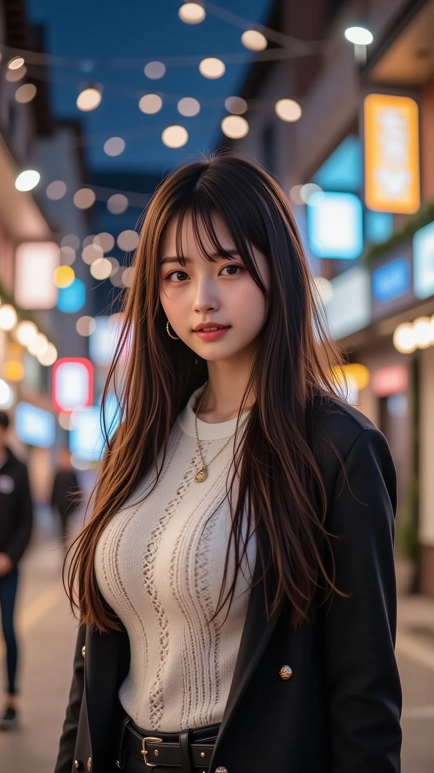 女の子1人、on tokyo street、A city scape、The upper part of the body、a closeup、A smile、、(8K、Raw photography、top-quality、masterpiece:1.2)、(realisitic、photoRealstic:1.37)、Highly detailed eyelash drawing、(((Top image quality))),Colossal 、Fine skin, (Beautiful hair), (Perfect Anatomy), (Realistic), (Dynamic Angle), Pose Seductive,Perfect,Sensual look、top-quality、hight resolution、