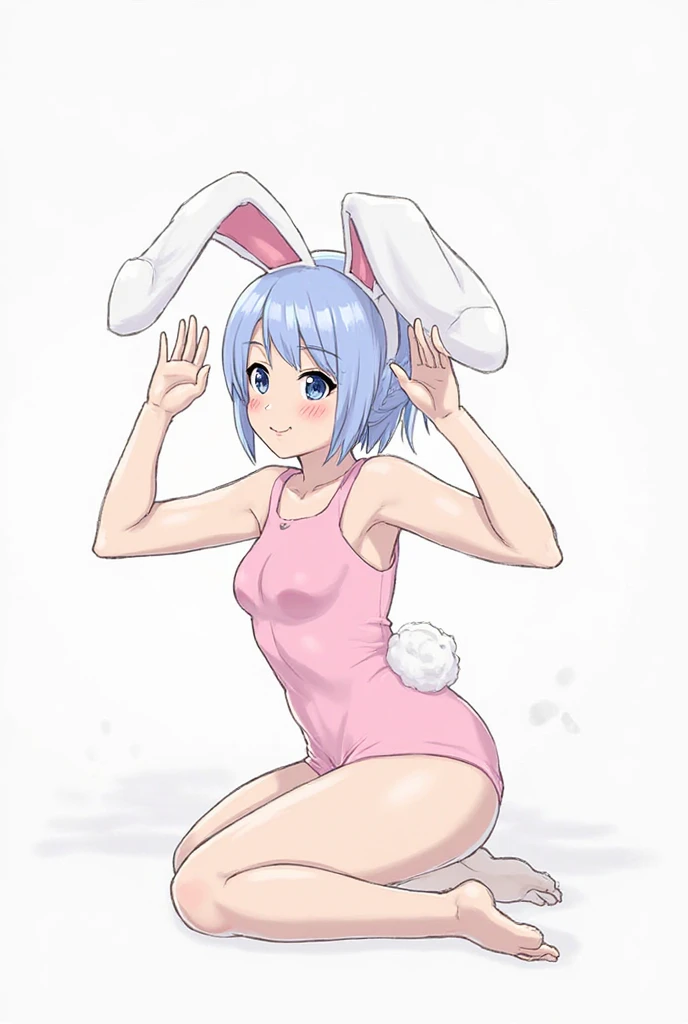 naked, big breasts, nipple, bunny ears, short hair, cowboy shot, view from below, showing genital, squatting