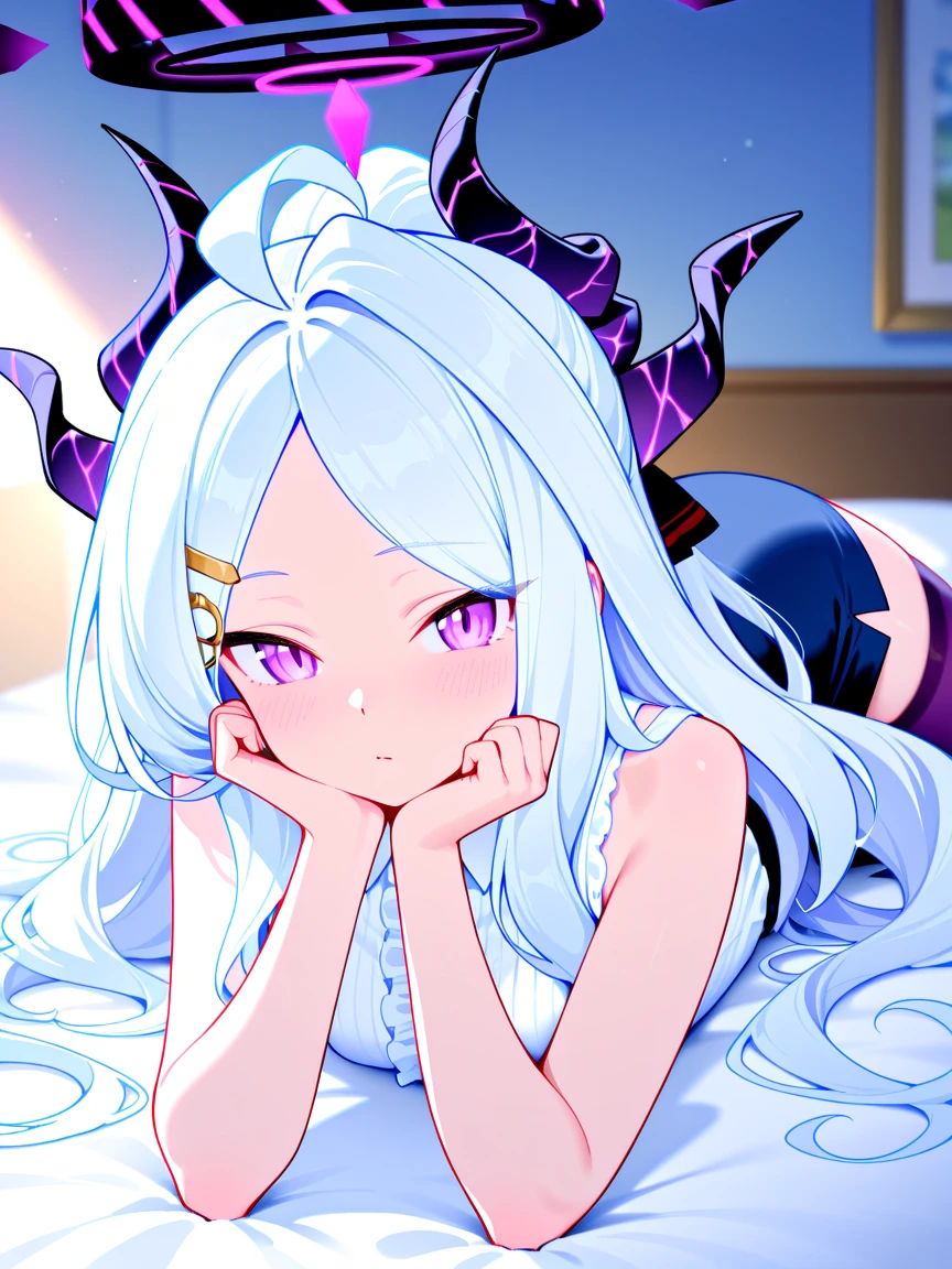 8k,masterpiece, best quality, ultra detailed, high resolution, super fine illustration, extremely detailed CG,looking at viewer,
Hina (blue archive), 1girl, solo,long hair, white hair,ahoge, demon horns, multiple horns,parted bangs,halo, purple eyes,breasts, sleeveless collared shirt, frilled shirt, pencil skirt, thighhighs, lying on bed,
