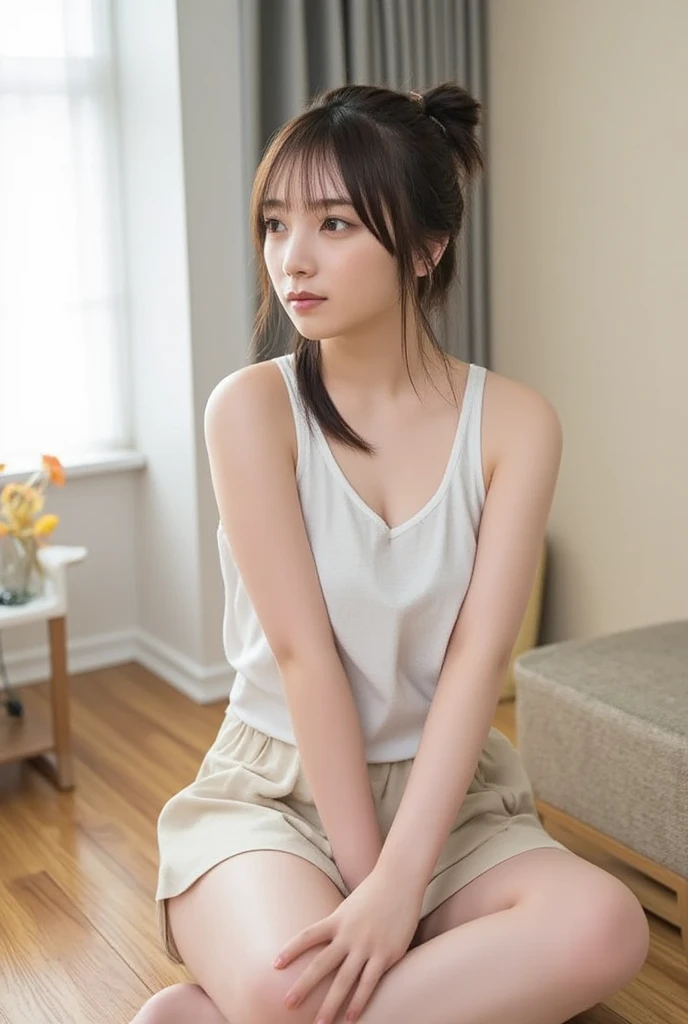 ((Best of the highest quality, 8k, Masterpiece: 1.3, raw photo)), Sharp focus: 1.2, (1 AESPA girl: 1.1), (Solo: 1.18), (realistic, photo-realistic:1.37), face focus, cute face, (Small breasts, flat chest, Thigh: 1.3), messy short hair, pony tail, (Girls' High School uniforms), (On all fours: 1.2), flower, cinematic lighting,