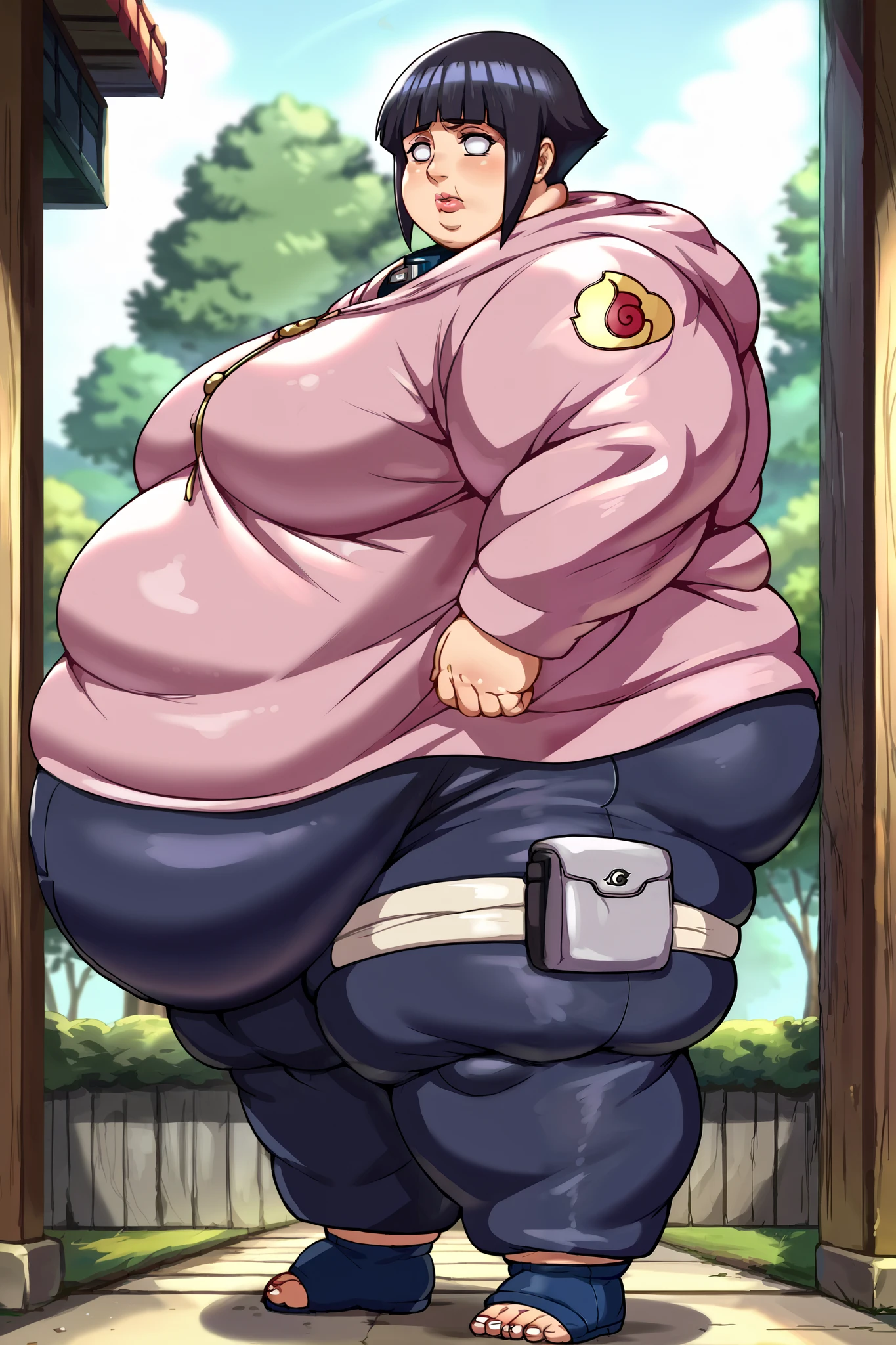 chubby, chubby belly, cute, pretty, parted lips, upper teeth, excited, high quality, 1girl, solo, smiling, joyful, Yoimiya, japanese orange clothing, zoomed out:1.1, full body:1.1, entire body:1.1, (full body), detailed hands, short, straight hands, happy pose,