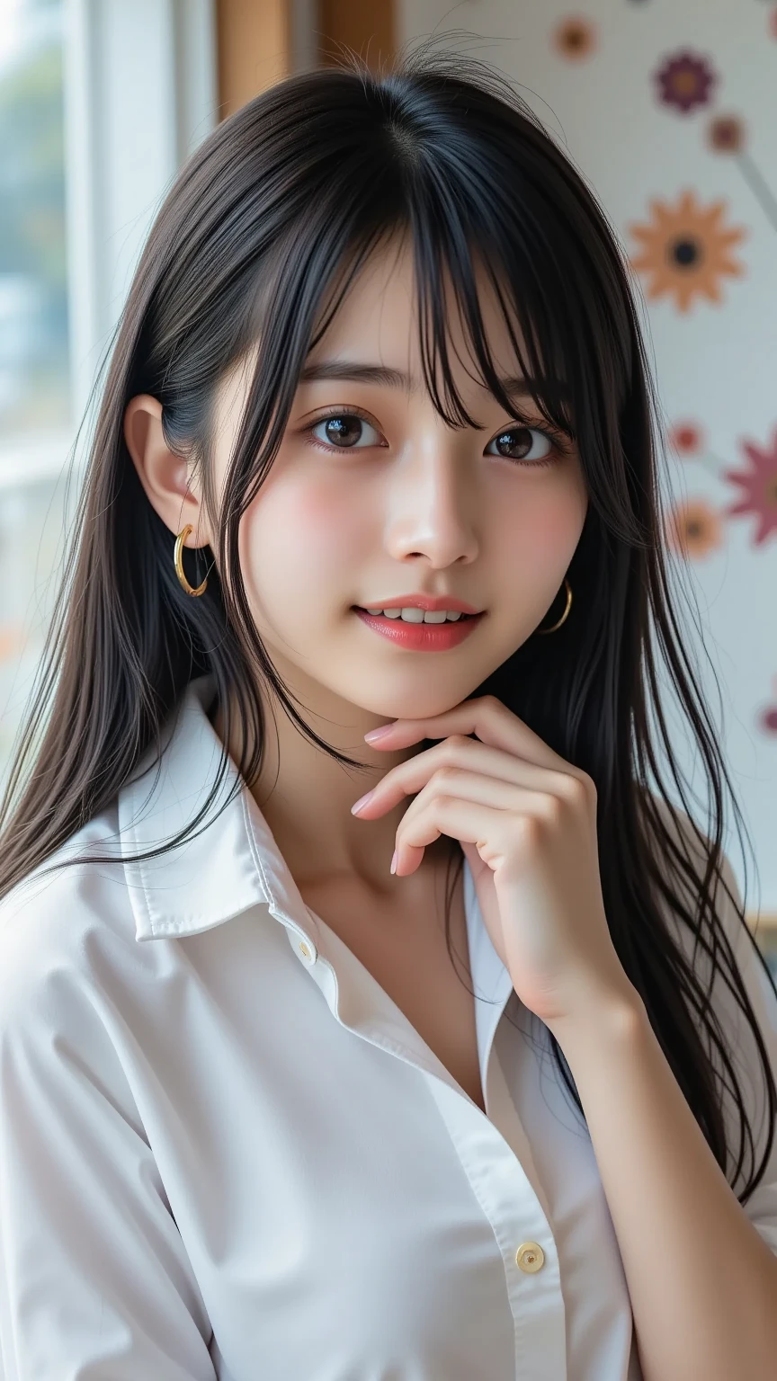 A young Japanese woman with long, straight black hair and soft bangs ...