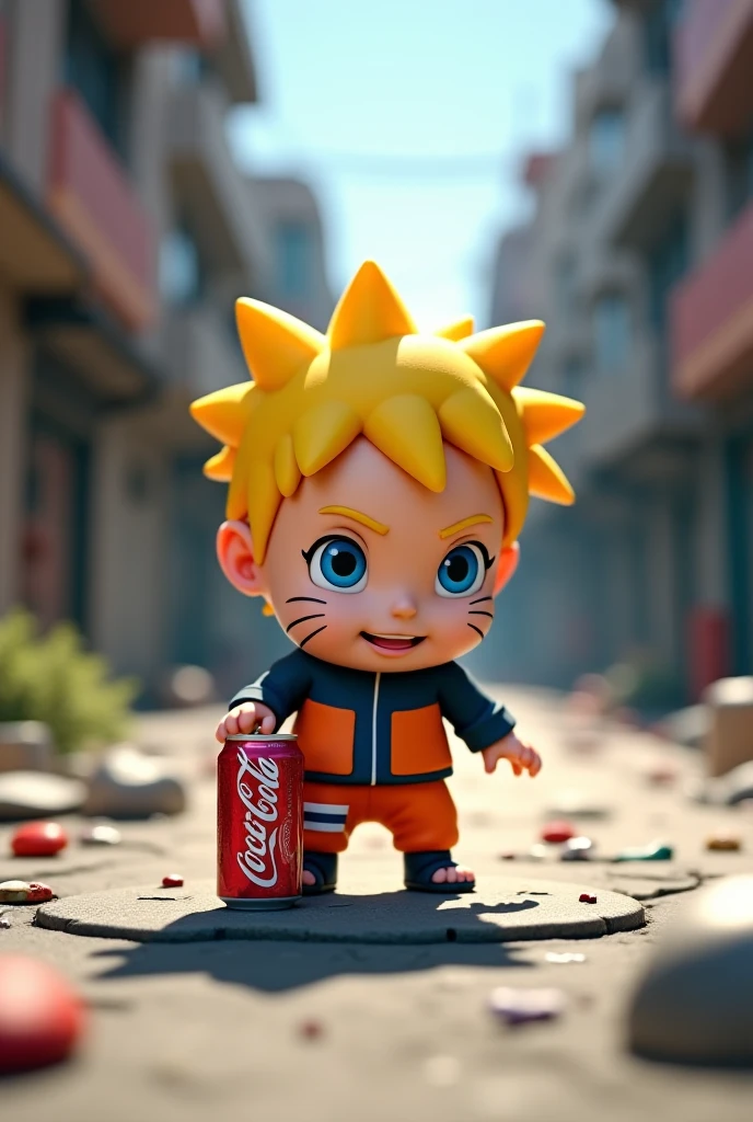 Naruto baby picking up a can on the street realistic 3d 