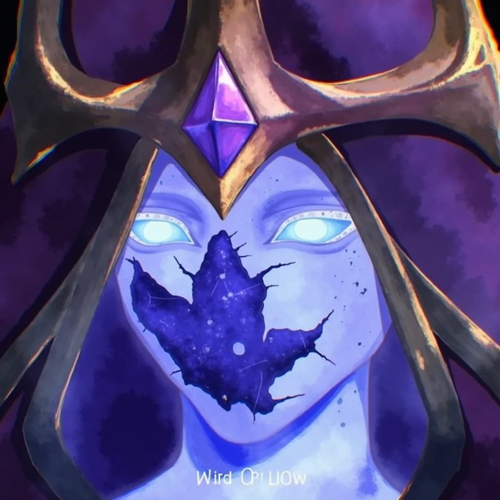 An evil shadow with red eyes looking at the letter Y and the number 7 of blue fire