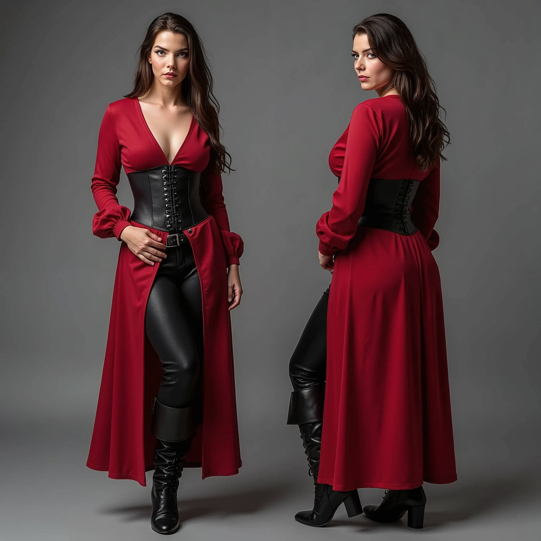 The same erotic pirate woman stands full-length image on a gray background, in two poses, 1 front view, 2 back view , dressed in a red pirate robe with a black corset, Tight-fitting dress.