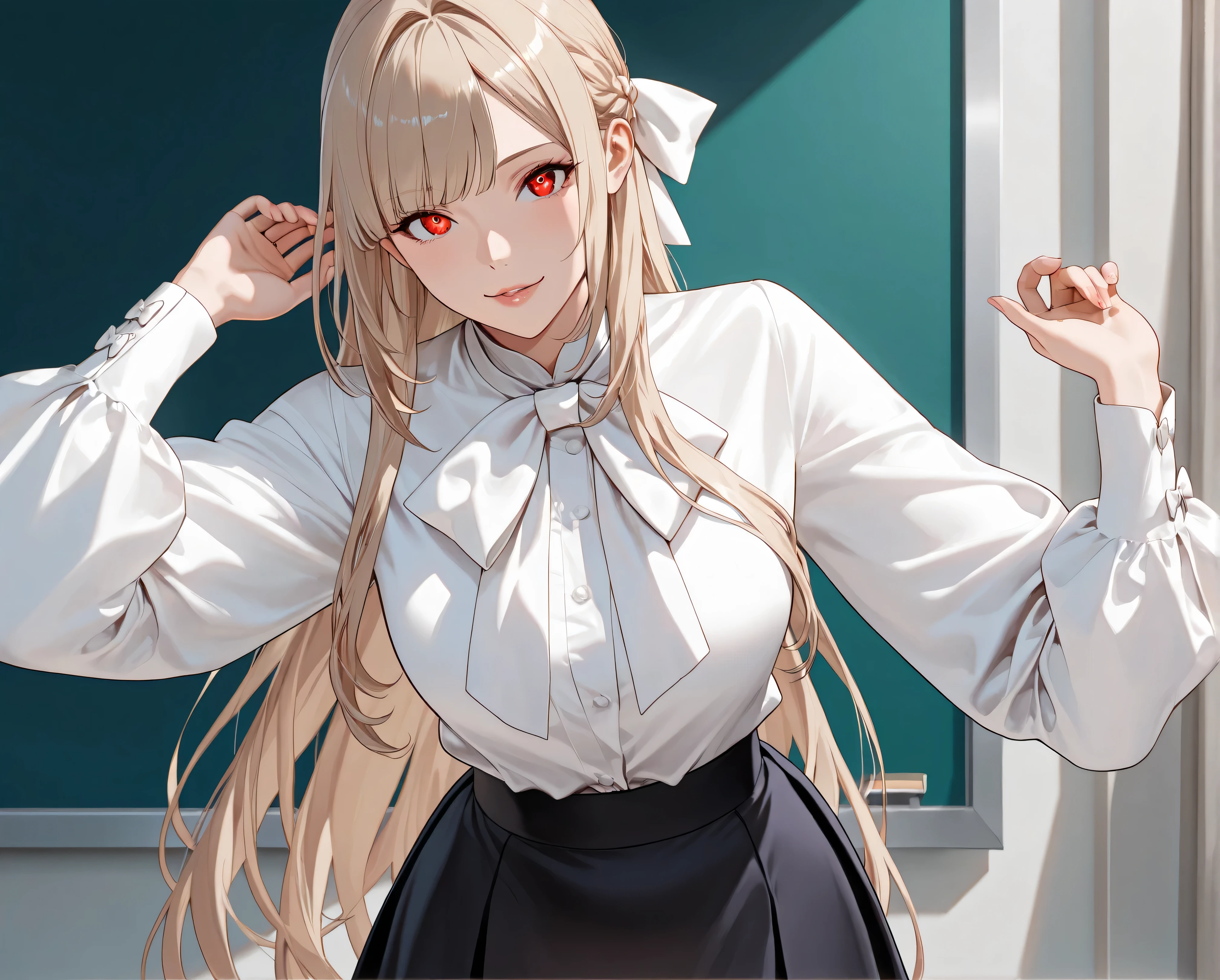 bow blouse, animetoreal, A photorealistic portrait, full-body shot, Anatomically correct, A beautiful Japanese women standing at a slight angle facing the camera, blonde semi long hair, High-resolution, detailed, sharp focus, crisp lines, defined edges, clear details, hyperrealism, technical illustration, defined facial features, sharp eyes, well-defined lips, 8k, Score_9, Score_8_up, Score_7_up, very aesthetic, masterpiece, ultra highest quality, seductive mature woman, flowing hair in a half-up, (((a woman are wearing a silky solid color white bow tie long sleeves blouse))), office style long sleeves blouse, a solid color white bow tie, a solid color long sleeves white blouse, (((The bow tie is meticulously tied in a perfect))), bow tie with exceptionally large loops ribbon, the ribbons are slightly curled at the ends, The knot of the bow tie is meticulously detailed, showing the intricacies of its construction, Subtle shadows define the contours of the bow and the delicate folds of the ribbons, enhancing the three-dimensional effect, meticulously tied in a classic white bow, with perfectly symmetrical loops and elegantly flowing ribbons, (((opaque polyester white bow tie blouse))), symmetrical ribbon, featuring delicate loops and elegantly flowing ribbons, (((slightly short tight skirt, the tight skirt 10cm above the knee, the tight skirt non-glossy polyester, (((the tight skirt from H&M))), (((navy tight skirt, with no other colors present in the skirt))), office room, elegant hairstyle, light brown hair, bangs, soft light, Soft, (((diffused light highlights the smooth texture of the polyester fabric))),