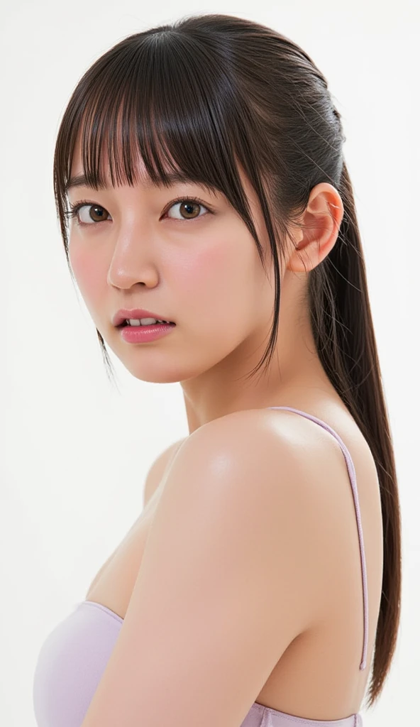 highest quality, Realistic, 8K, High resolution, 1 Girl, woman, (Skin dents), (Portraiture:0.6), nice, ((White Background, Completely naked, Small breasts:1.65)), (Brown hair in a ponytail, Parted bangs:1.4), Watching the audience, (1 Girl eyes Watching the audience:1.6), Realistic, (Bokeh), (Closed Mouth, smile:1.3), nice, Purelos Face_V1:1,Completely naked、