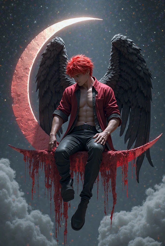Gothic boy, 18 years old, angel with 4 white wings, rock style, tattoos on chest and arms, tattoos, red hair, on a sunset background in a cementery