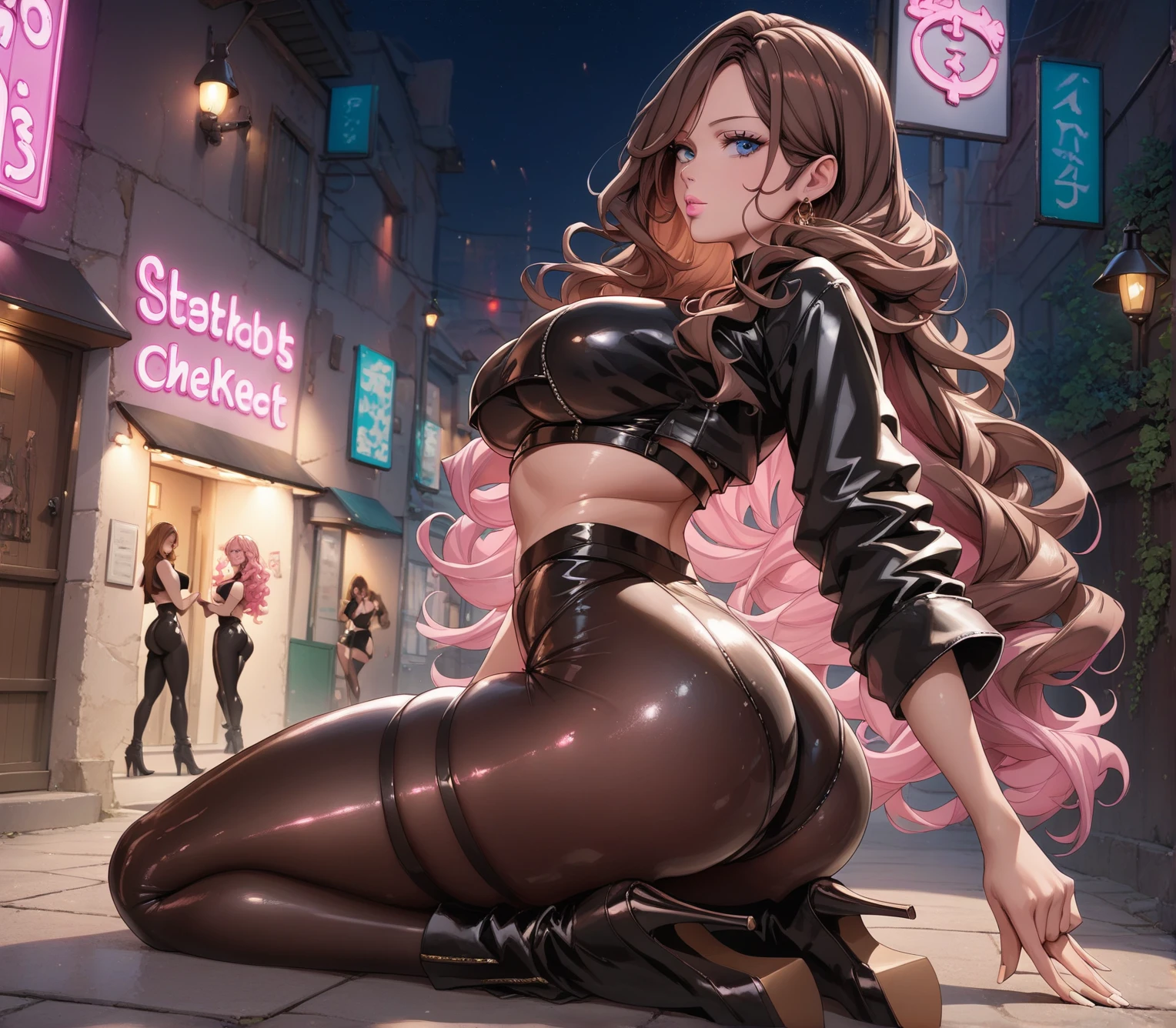 1woman, Pregnant goddess, mature, bunny girl, black bodysuit, fishnet leggings, fishnet top, wavy long brown hair, bunny ears, hair over one eye