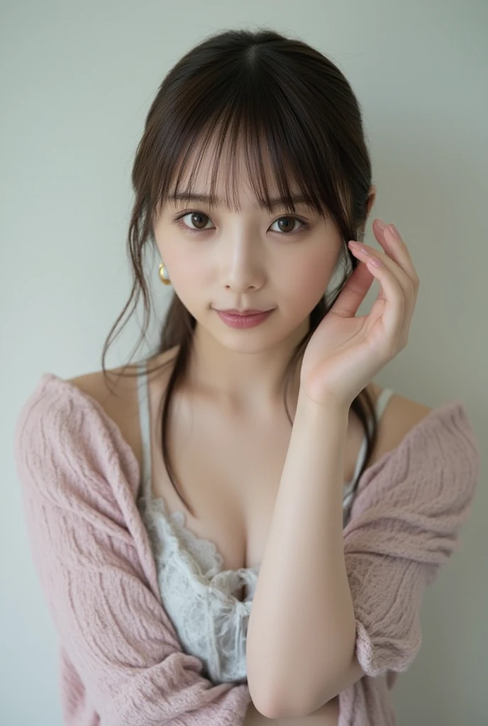 masterpiece, highest quality, 8k, 20th Generation, Large Breasts, cute, alone, sad, cute, Girlish, Delicate girl, Pure beauty, RAW Photos, Professional photography, Portraiture, Soft Light, Professional Lighting, Backlight, Head to Knee, avert your eyes, Sophisticated, Film Grain, (Eyes and facial details:1.0), Short floating hair, Beautiful, flowing hair, bangs, (Loose cardigan(pastel colour))、(Large Breasts:1.0)、You can see a little cleavage、Micro Mini Skirt、Voluptuous thighs、Dolly Makeup、Odd Eye、The left and right eyes are different々The color of