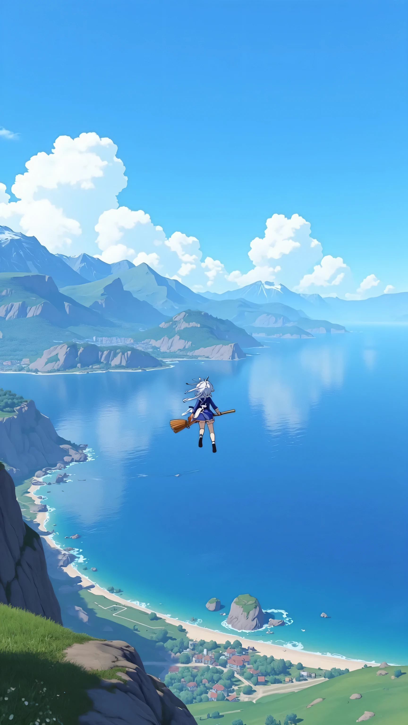 (masterpiece:1.5), (best quality), 8k resolution, Ultra HD Details, Real photography style,
dutch angle, the whole lens is tilted,The foreground is Funina riding a broom flying over the sea。
The middle ground is a tranquil blue sea below, The sea reflects the sky and the surrounding scenery。There is a town next to the sea, The distant view is the rolling mountains and the vast sky, clear layers of mountains,The top of the mountain is covered with snow, The mountainside and the foot of the mountain are sparsely covered with vegetation and large areas of bare rocks, blue sky , floating white clouds, distant view uses the principle of perspective, The mountain and sky elements become smaller as the distance increases、Lightened,Contrast with the foreground、 mid-ground, highlight the sense of spatial hierarchy。
Composition, a diagonal composition is used , the coastline is in one-third of the picture, the direction of the girl's flight is the sea、 The coastline of the hillside forms a diagonal line, The picture is divided by 30 degrees by the straight coastline, the sea is at the bottom of the picture, the upper part is the coast and the sky, deep sense of spatial hierarchy, bright and vivid visual effects,High Saturation,high contrast,ultra accurate。