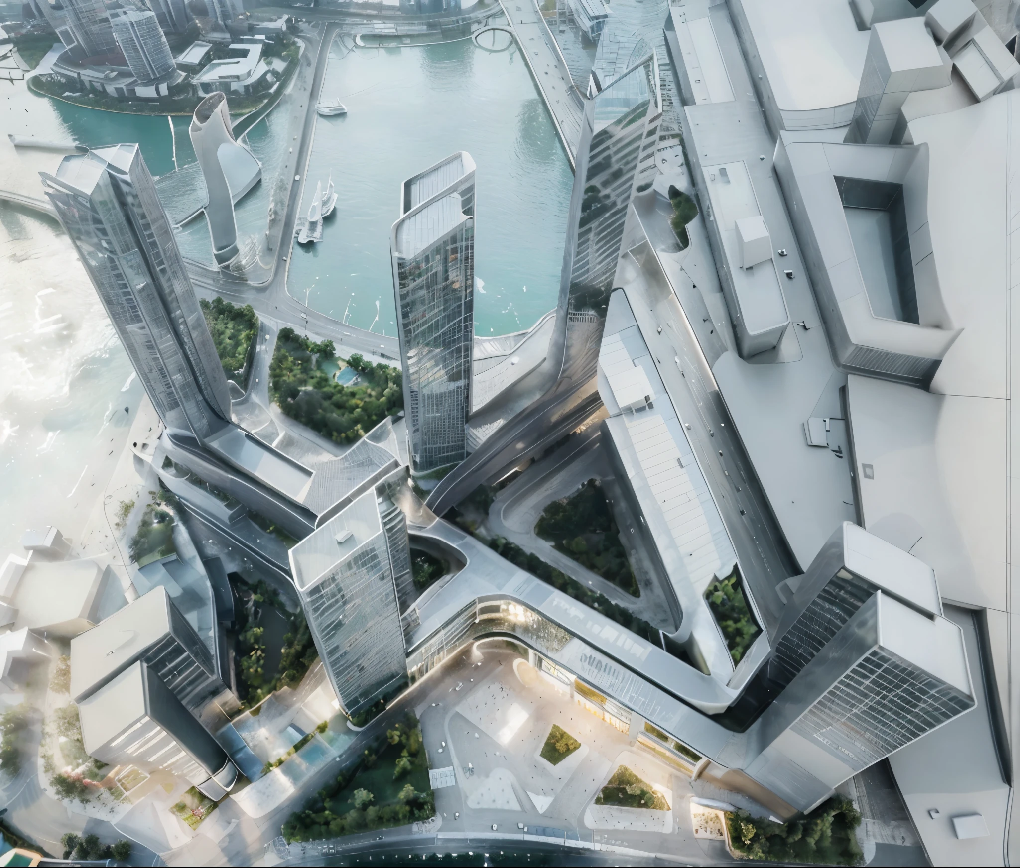 High-angle, ultra-realistic architectural rendering of a futuristic cityscape. Towering, slender black skyscrapers with evenly spaced horizontal bands rise in a meticulously designed, interconnected urban environment. The structures are made of sleek, modern materials such as polished black glass, matte metal, and smooth dark concrete, subtly reflecting the ambient light.

The city features elevated walkways, expansive plazas, and thoughtfully integrated landscaping, with lush green foliage providing a striking contrast against the dark architecture. The lighting is soft and diffused from an overcast sky, casting gentle highlights and subtle shadows that emphasize depth and realism.

The atmosphere is serene, futuristic, and highly detailed, showcasing an advanced urban design that blends minimalism with innovation. The bird’s-eye perspective captures the scale, geometry, and seamless integration of architecture and nature, evoking a vision of a sleek, sustainable, and highly sophisticated metropolis.

