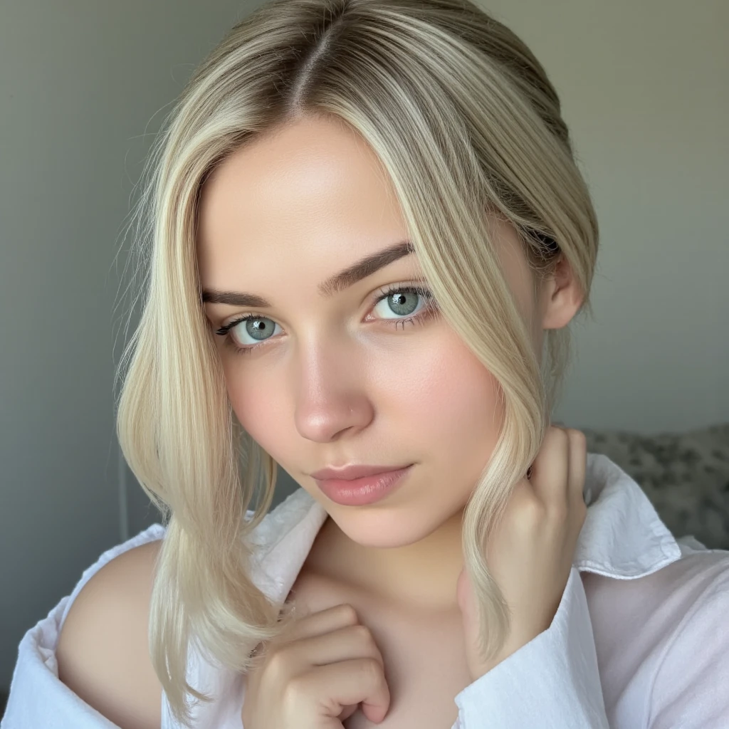 Best quality, 8K, masutepiece, Ultra HD: 1.3), 1 young sexy Phillipines ultra hot girl:1.83 , ,stunning gorgeous legendary fashion super model in, Light white blonde hair, Blunt bangs, hair behind ear, hair over shoulders, Long hair, Slender body type, ultradetail face, Delicate lips,  Beautiful eyes, Double eyelids, lipsticks, thin blush ,grey eyes ,perfect glossy shiny skins, Flawless skin,White skin of the,perspired,Invite your gaze, chest,Ultra-thin pointer, Ultra-thin fingers, beautifullegs 、Halfway through the appointment，wearing minimalist tightly clothes，mouth is closed, mini underpants，perfect teeth, Rub your breast with your right hand，The left hand clasps the ，The expression looks sexual，Enjoyed it a lot, [[[[half naked proportional body shot]]]], [[[[chest]]]], [[[[neck]]]], [[[[shoulders]]]], [[[[high detailed and sharp focus on the eyes and model face]]]], [[[[moderate big breasts]]]], [[[[sexual excitement]]]], [[[[provocative pose]]]], [[[[perfect define detailed