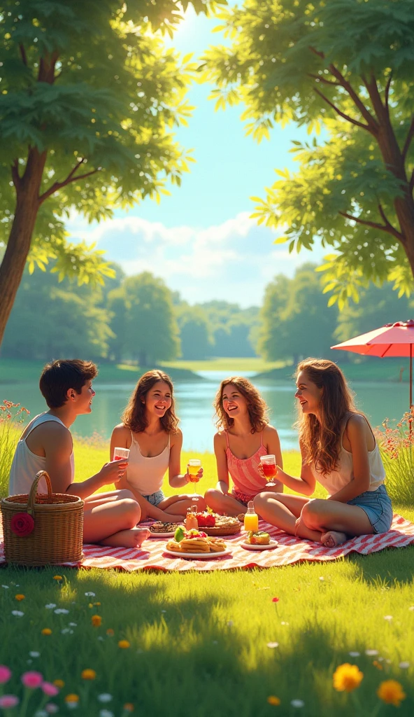 • Prompt: A group of five friends setting up a picnic in a sunny, clearing within the forest. They are laying out a blanket and food, with their backpacks and picnic items scattered around.
