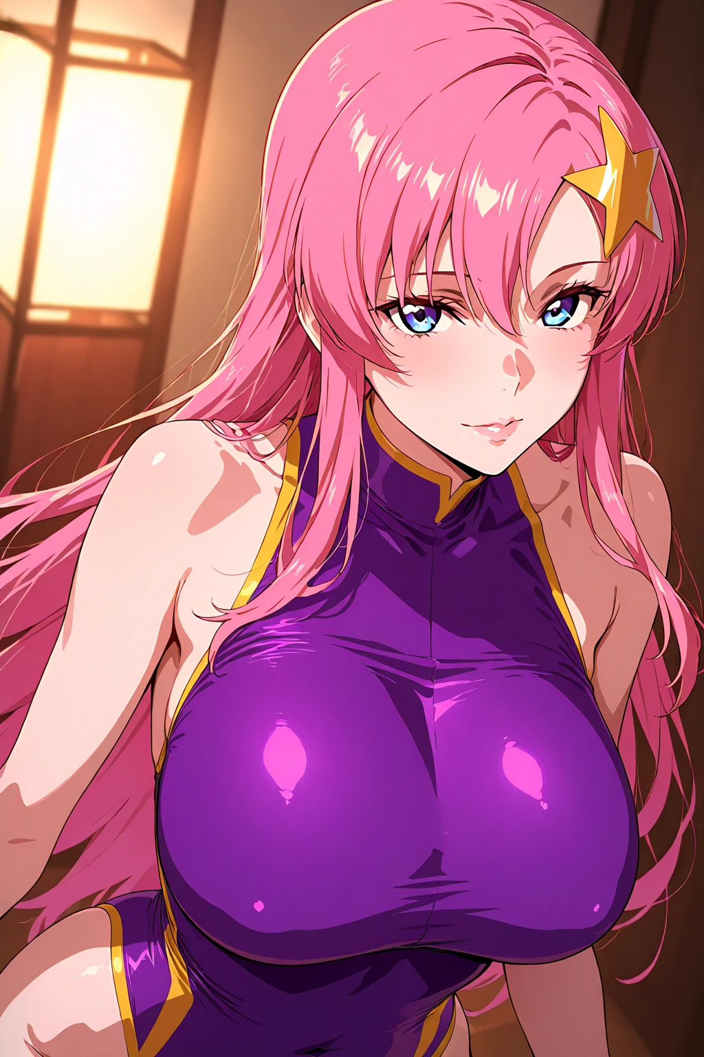 (Highest quality, masterpiece, 8k:1.2), anime art style, ultra-high resolution, hyper detail, Ingrid, one girl, 20 years, adult woman, big breasts, dynamic angle, staring at the viewer, (sparkly dress, shiny dress, thighs)