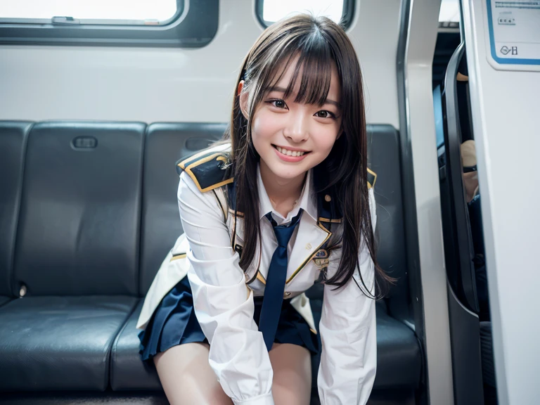 highest quality, masterpiece, Ultra-high resolution, (Reality: 1.4), Original photo, One girl, mature, White JK Uniform, happy smile, , squatting on seat in train, Cinema Lighting, short hair