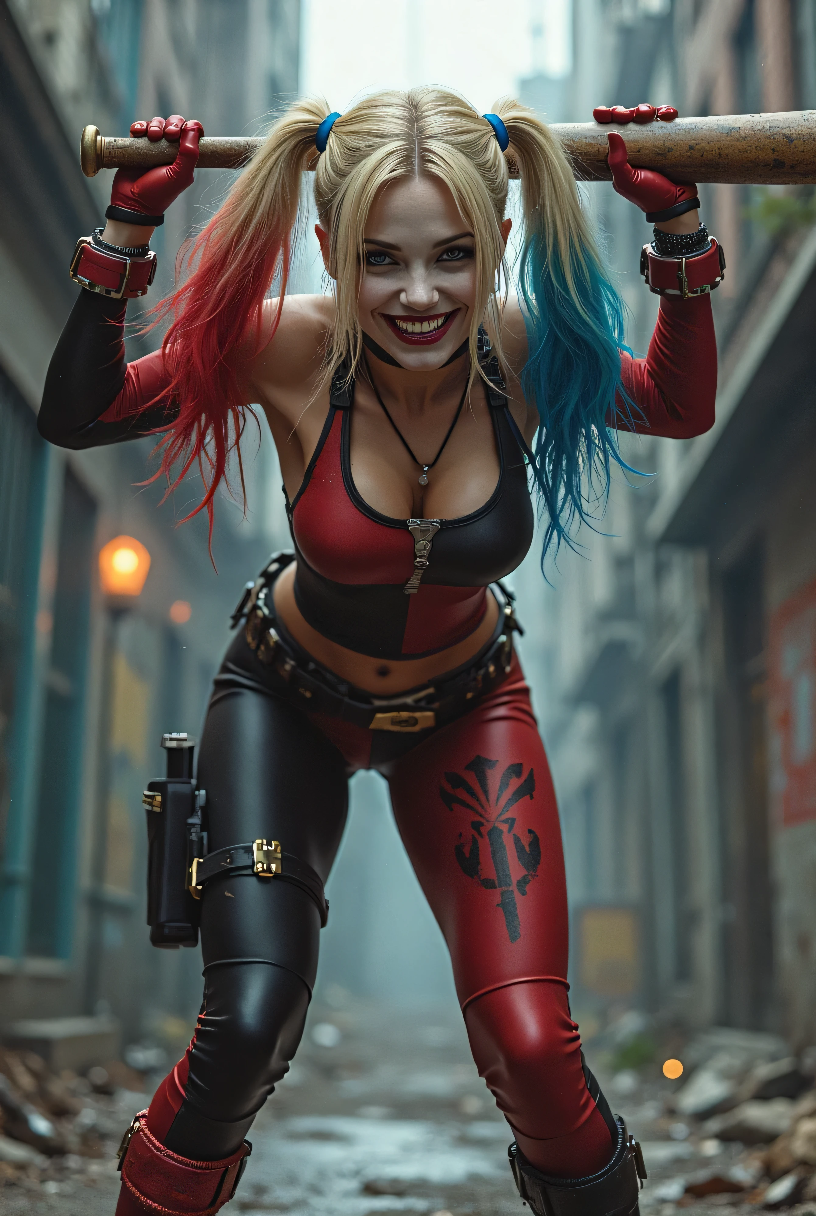Hina dressed as Harley Quinn suicide squad style, very detailed face, very detailed skin(high detailed skin:1.2), 8k uhd, dslr, soft lighting, high quality, film grain, Fujifilm XT3